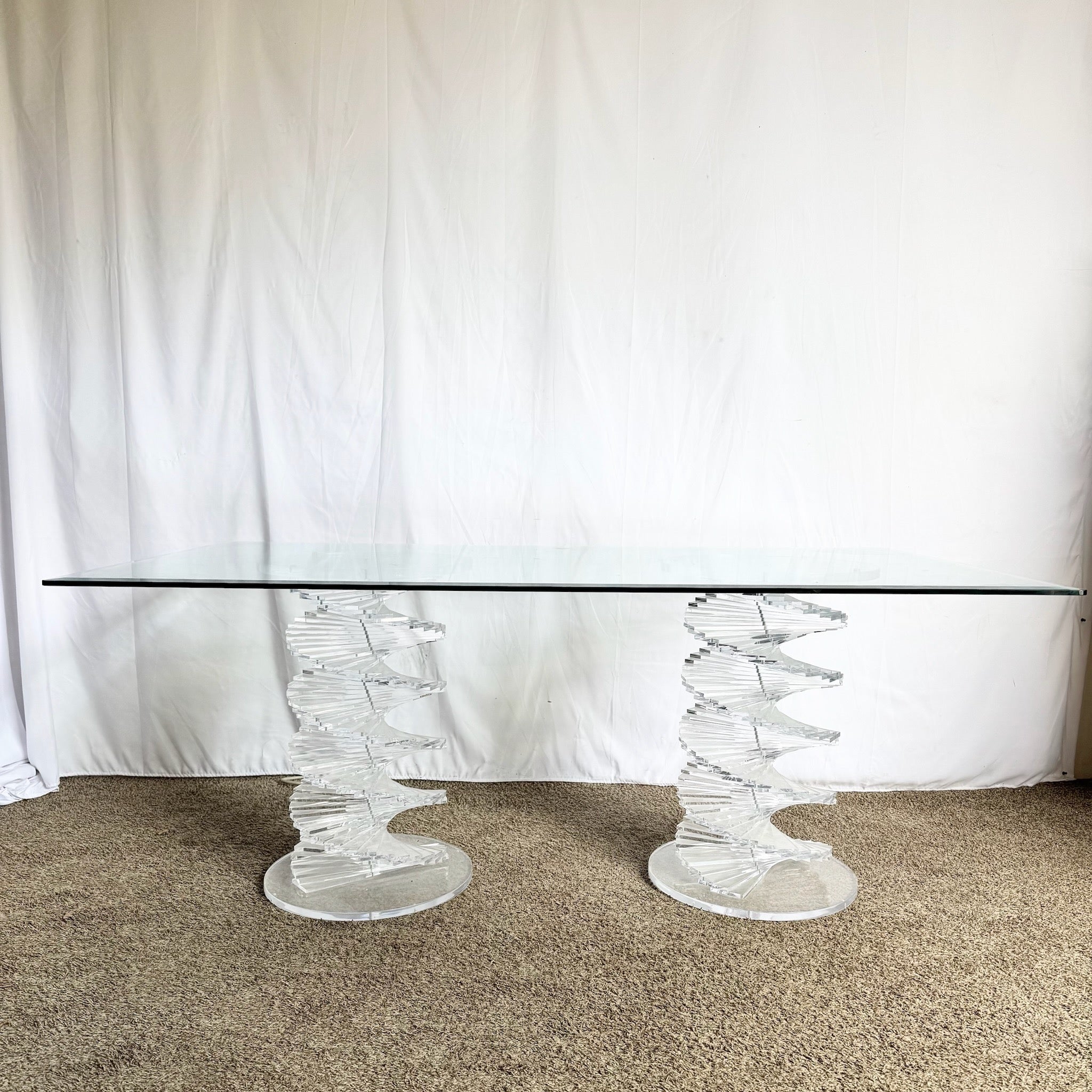 Postmodern Spiral Stacked Lucite Glass Top Dining Table - Dolphin & Flamingo