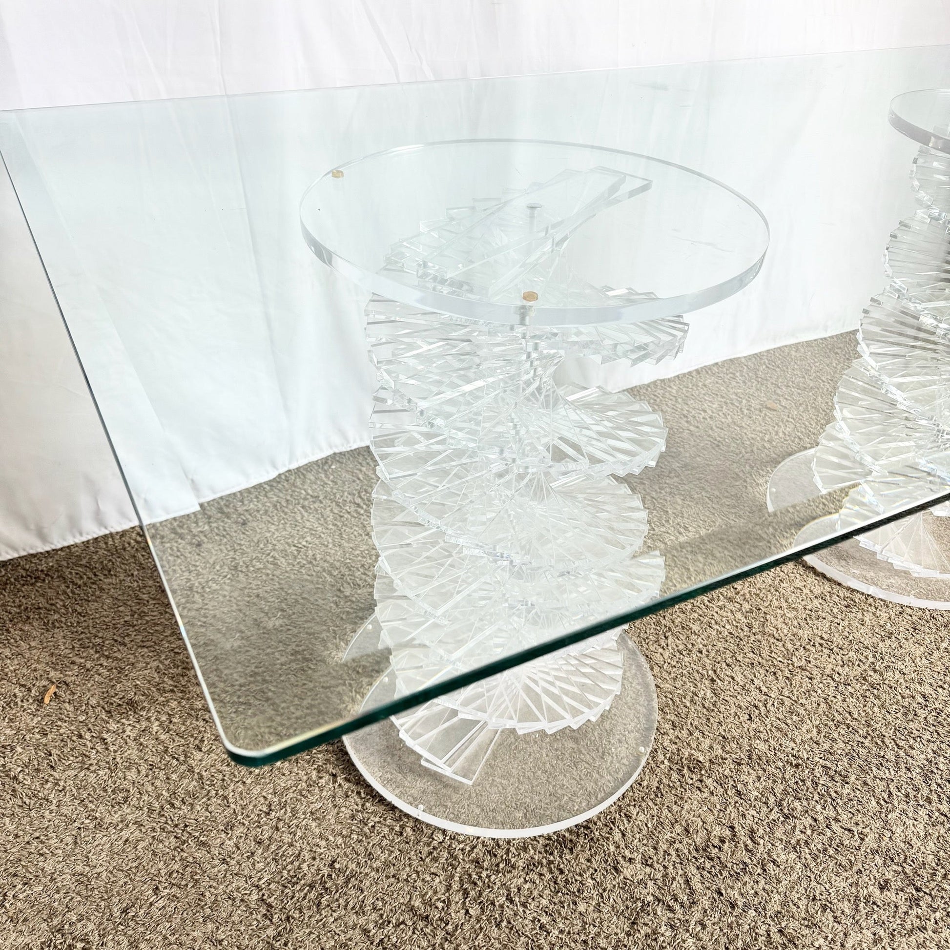 Postmodern Spiral Stacked Lucite Glass Top Dining Table - Dolphin & Flamingo