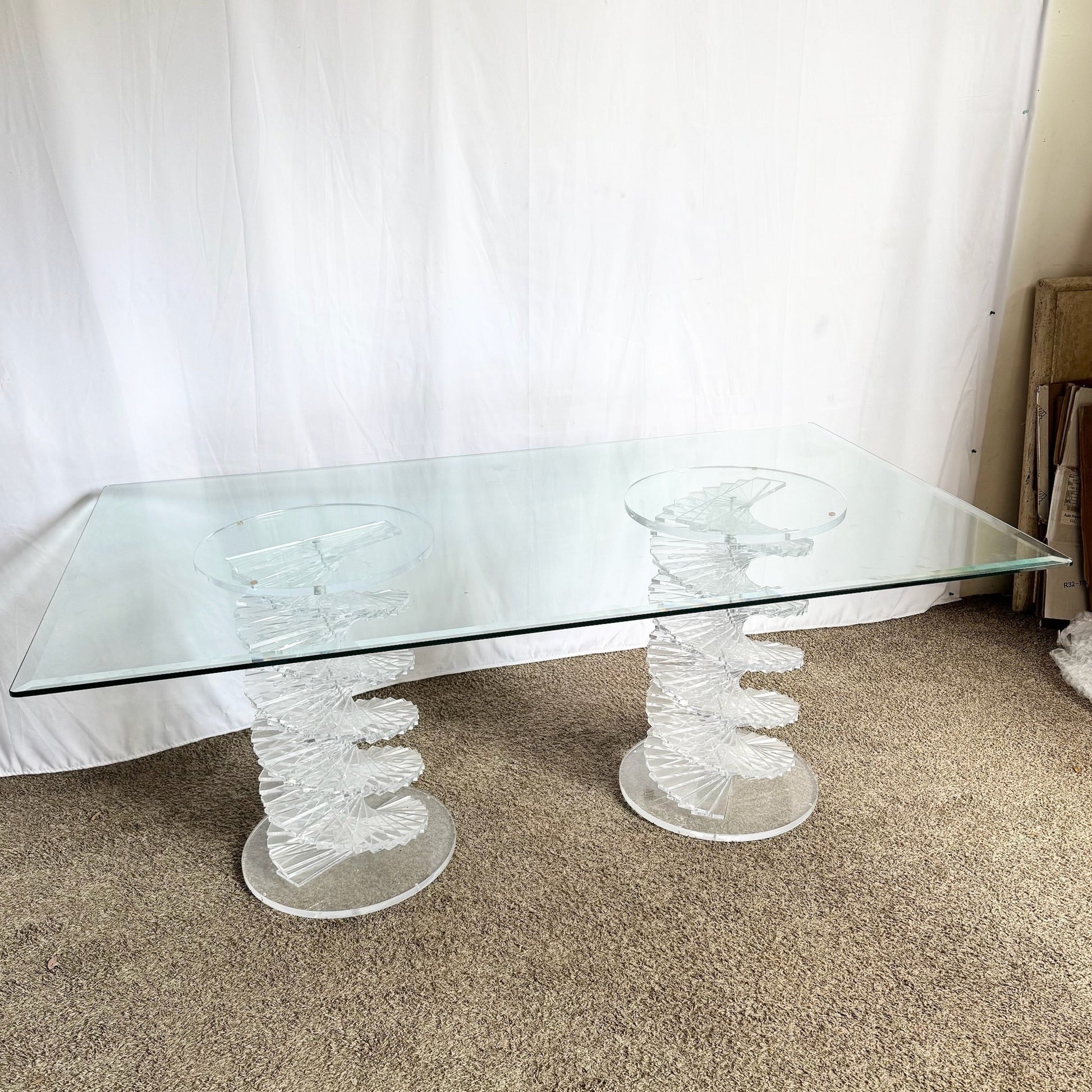 Postmodern Spiral Stacked Lucite Glass Top Dining Table - Dolphin & Flamingo