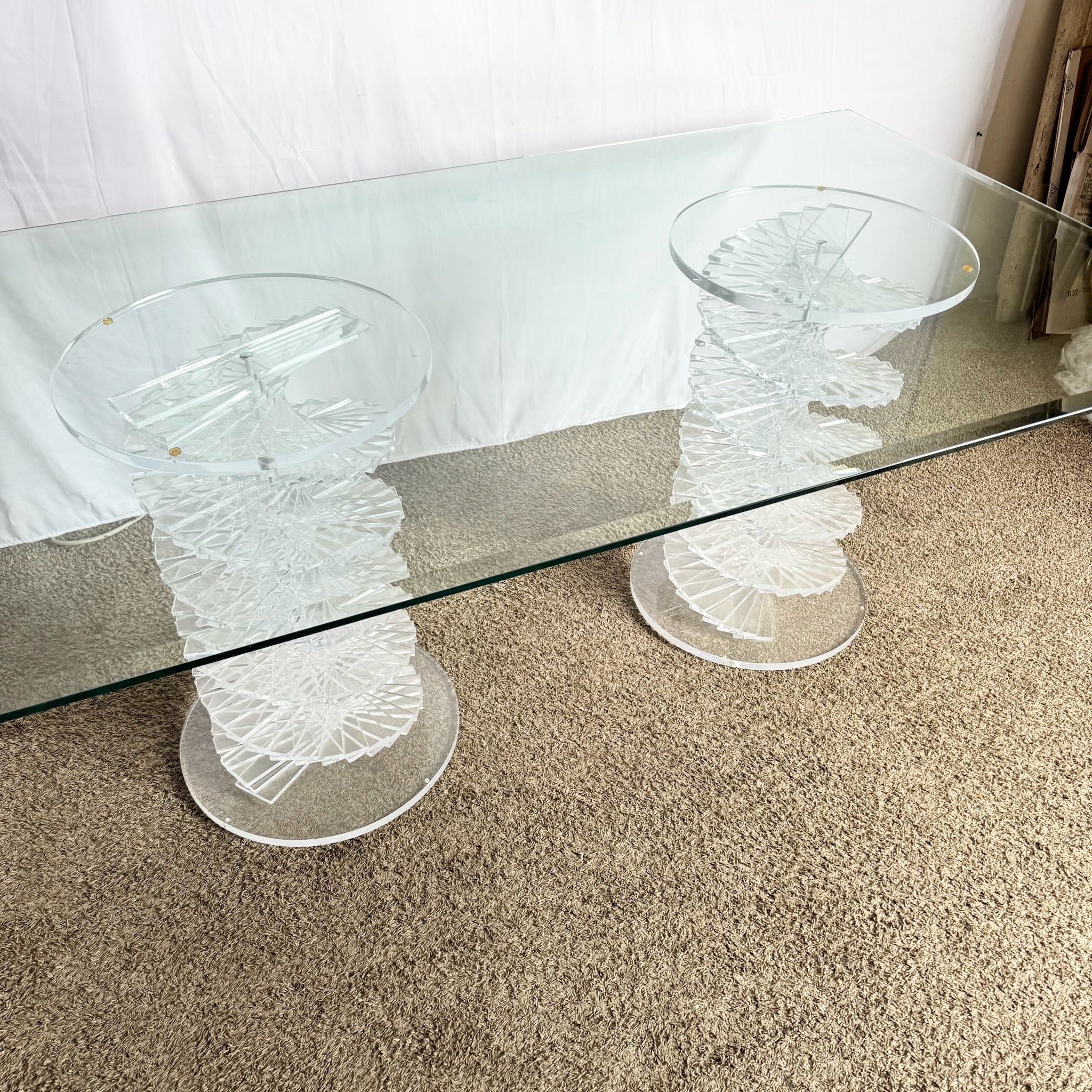 Postmodern Spiral Stacked Lucite Glass Top Dining Table - Dolphin & Flamingo