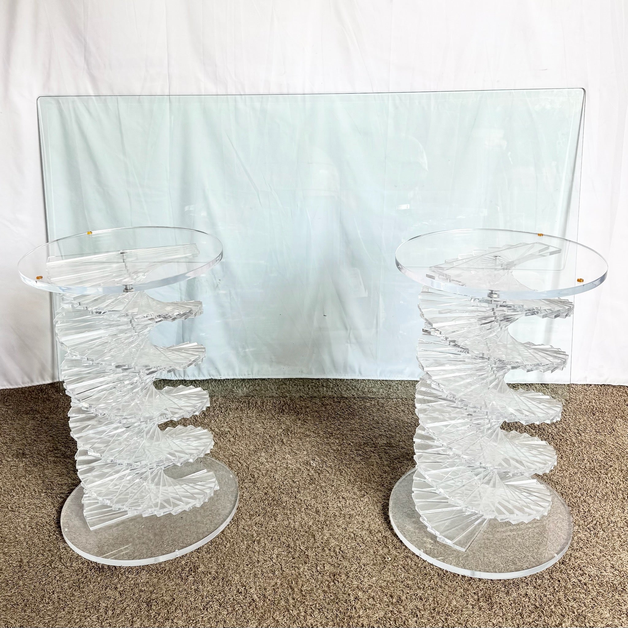 Postmodern Spiral Stacked Lucite Glass Top Dining Table - Dolphin & Flamingo