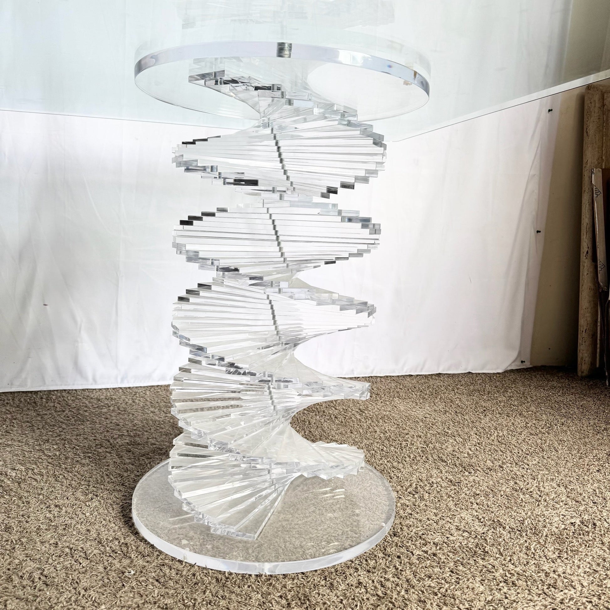 Postmodern Spiral Stacked Lucite Glass Top Dining Table - Dolphin & Flamingo