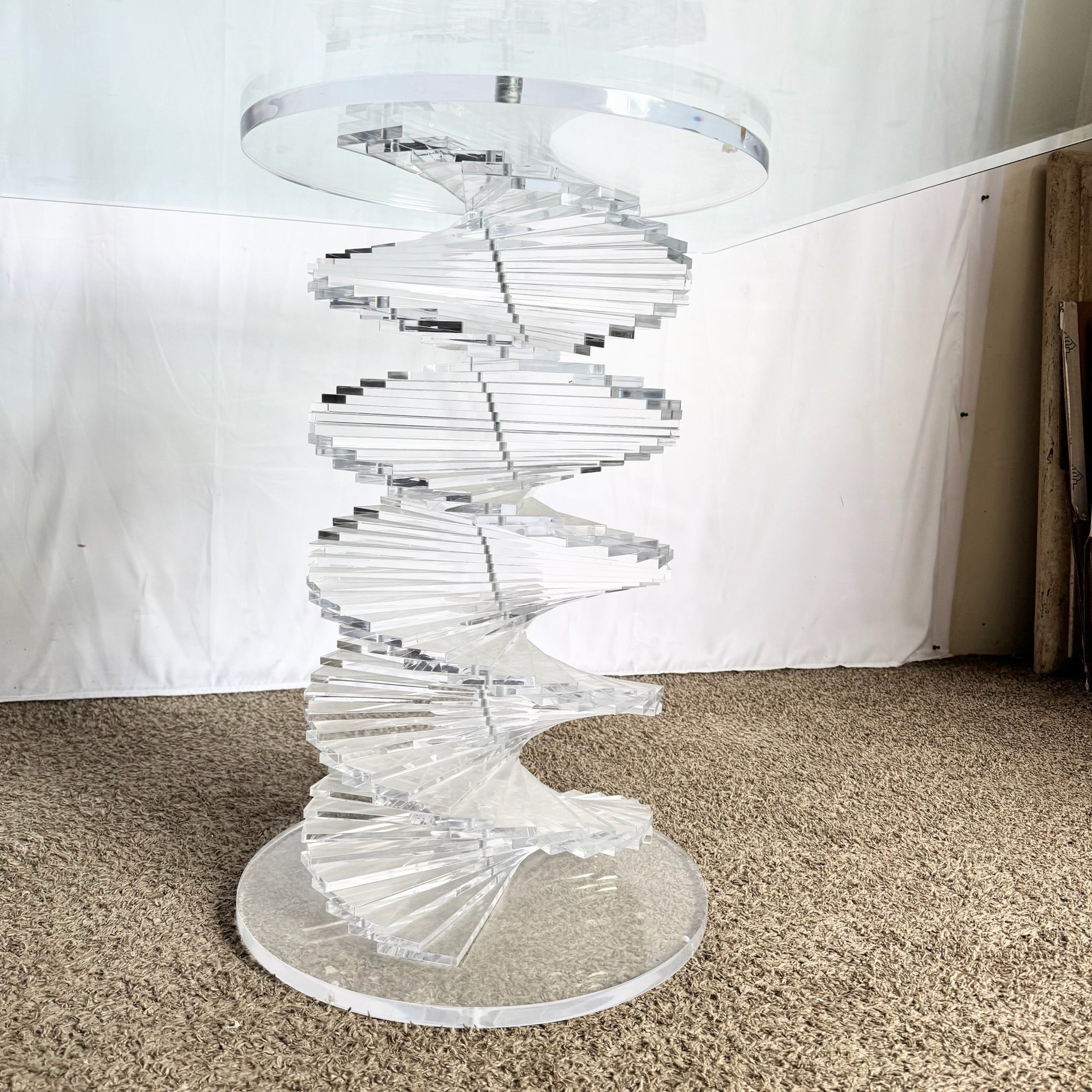 Postmodern Spiral Stacked Lucite Glass Top Dining Table - Dolphin & Flamingo