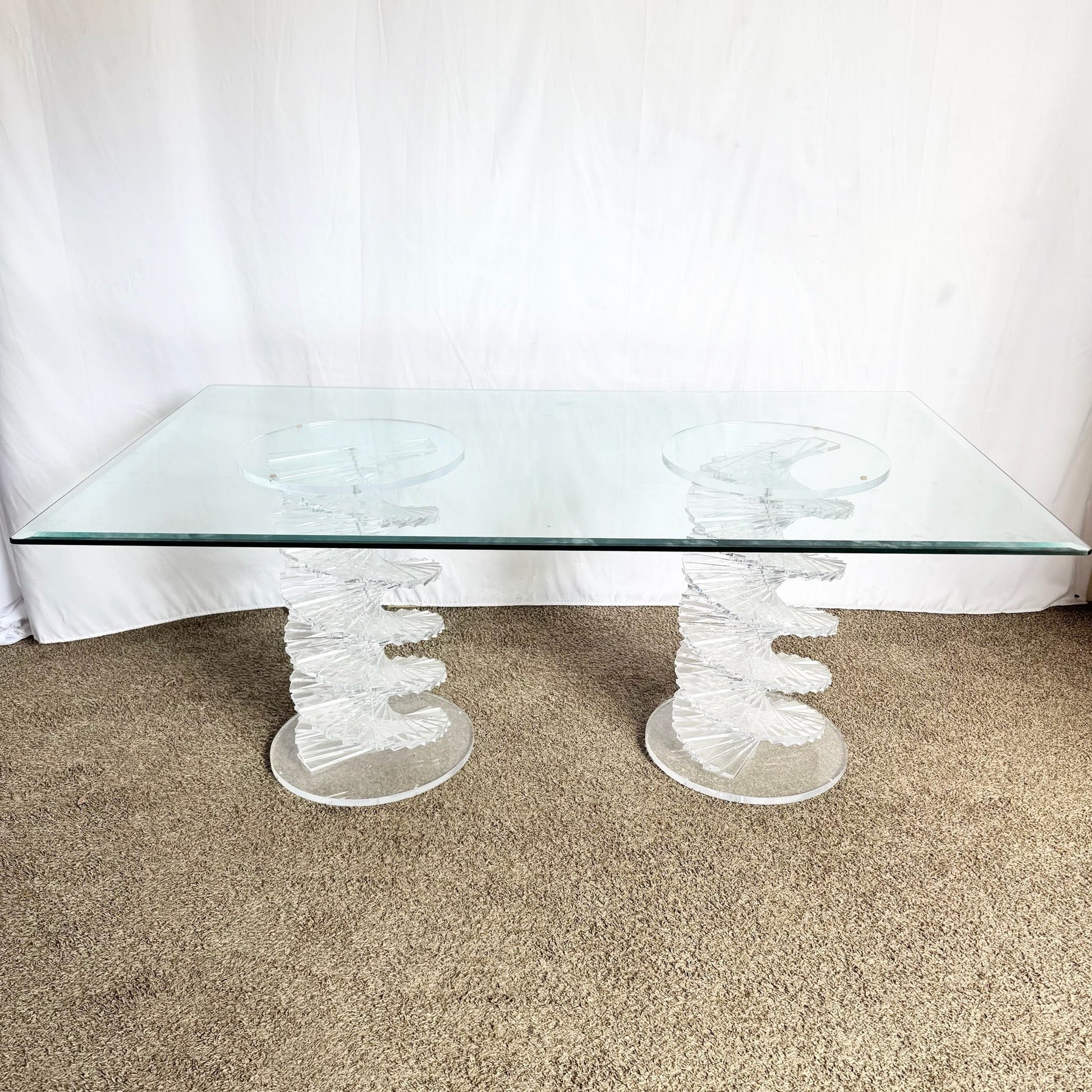 Postmodern Spiral Stacked Lucite Glass Top Dining Table - Dolphin & Flamingo