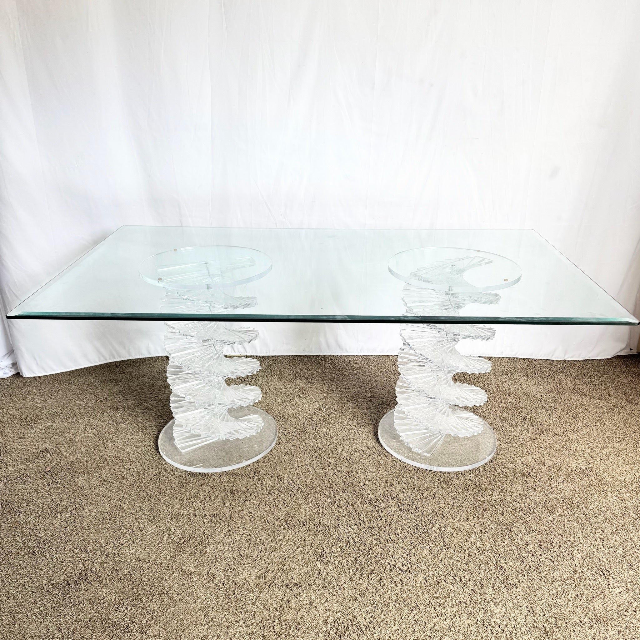 Postmodern Spiral Stacked Lucite Glass Top Dining Table - Dolphin & Flamingo