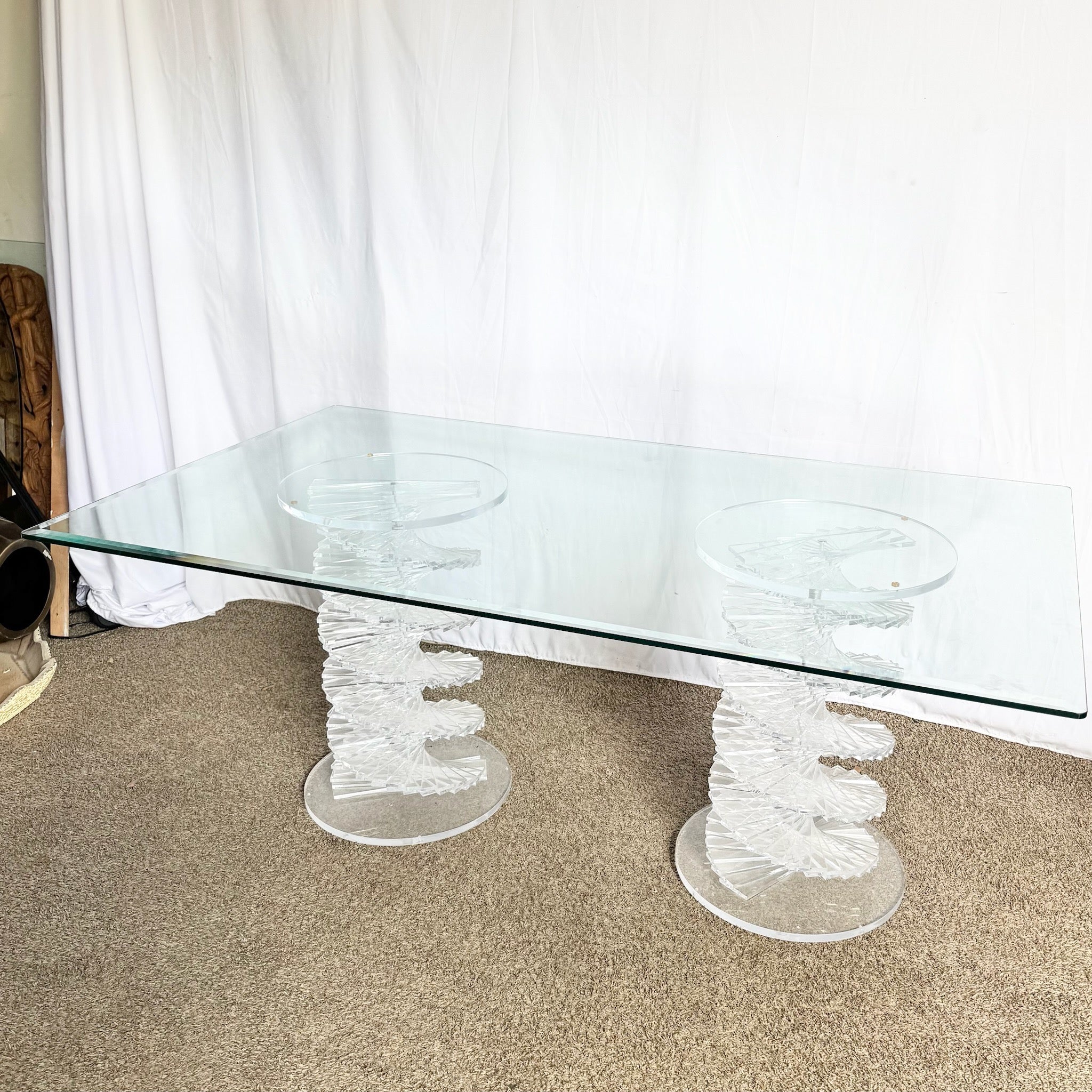 Postmodern Spiral Stacked Lucite Glass Top Dining Table - Dolphin & Flamingo