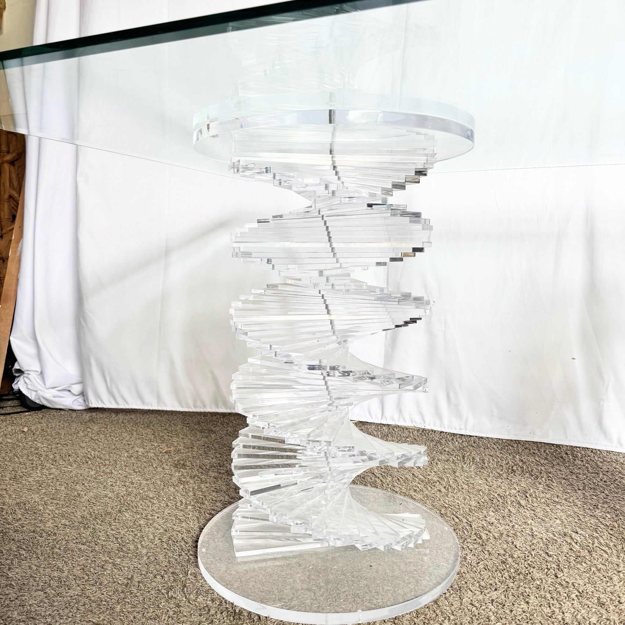 Postmodern Spiral Stacked Lucite Glass Top Dining Table - Dolphin & Flamingo