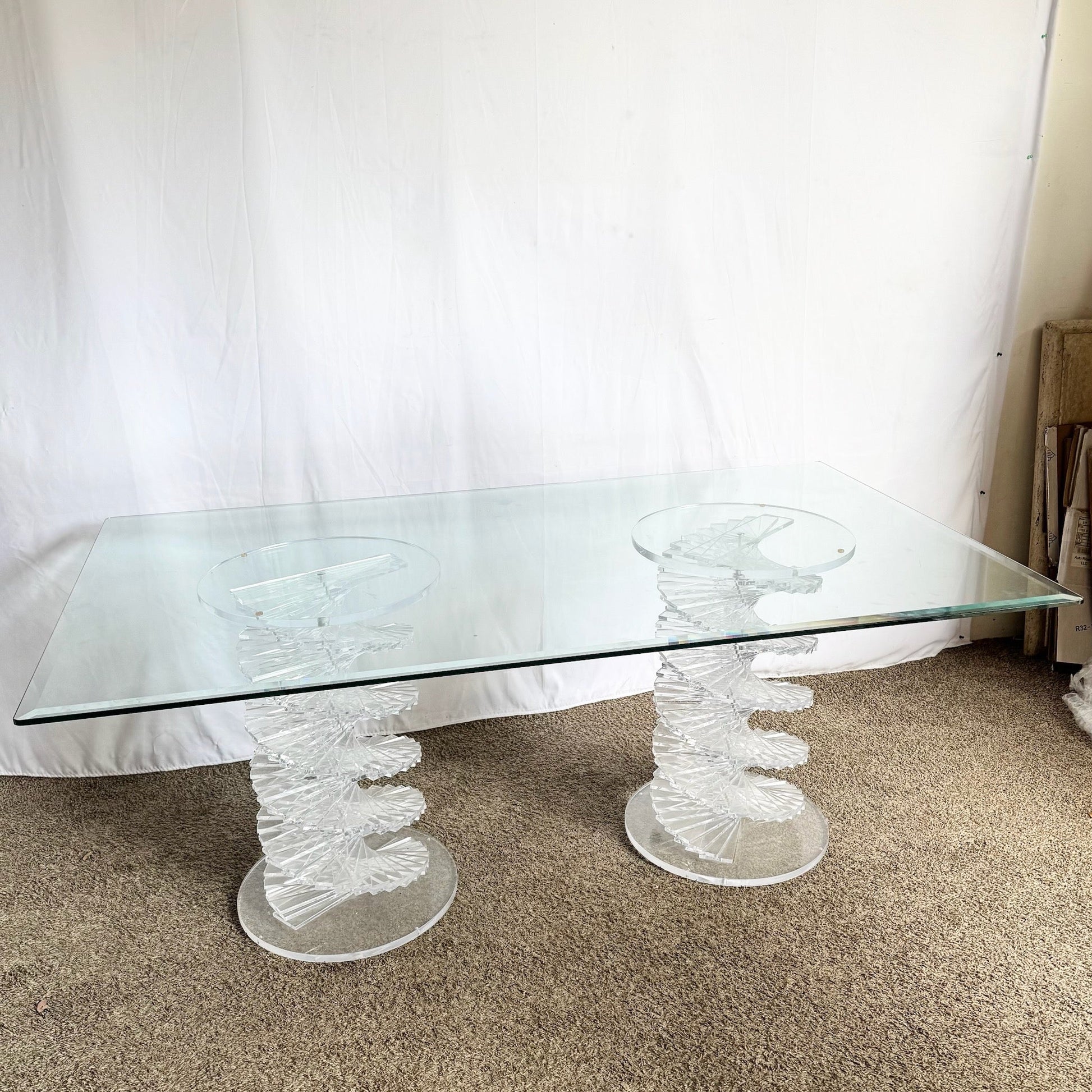 Postmodern Spiral Stacked Lucite Glass Top Dining Table - Dolphin & Flamingo