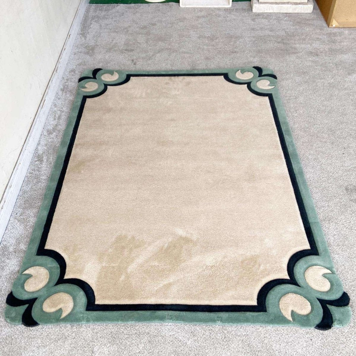 Postmodern Tan, Black and Green Rectangular Area Rug - Dolphin & Flamingo