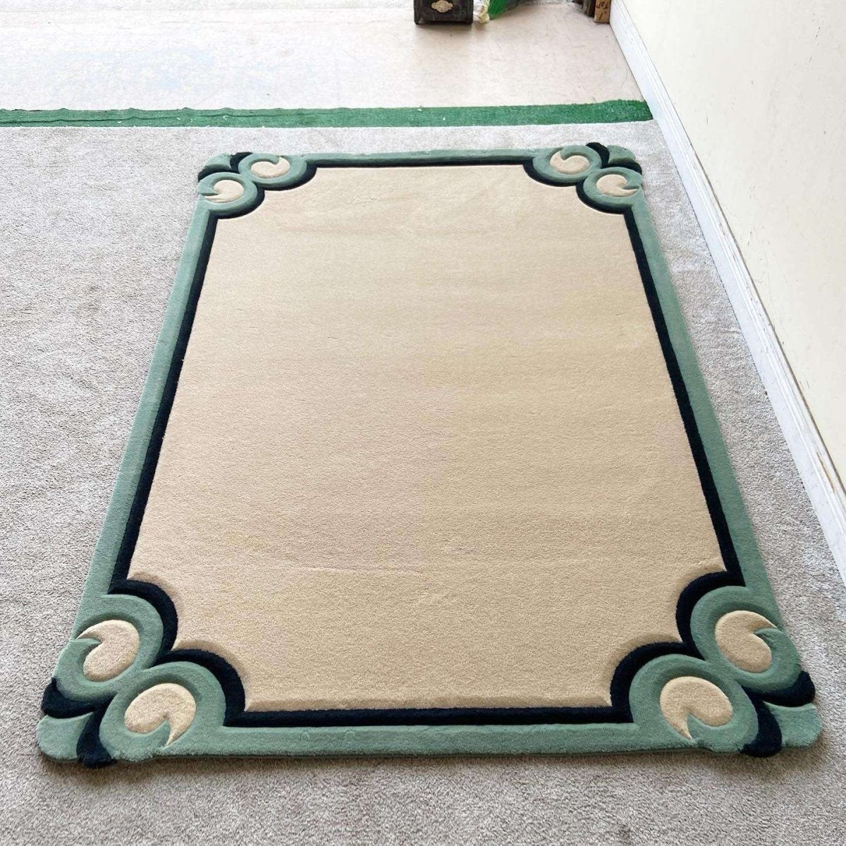 Postmodern Tan, Black and Green Rectangular Area Rug - Dolphin & Flamingo