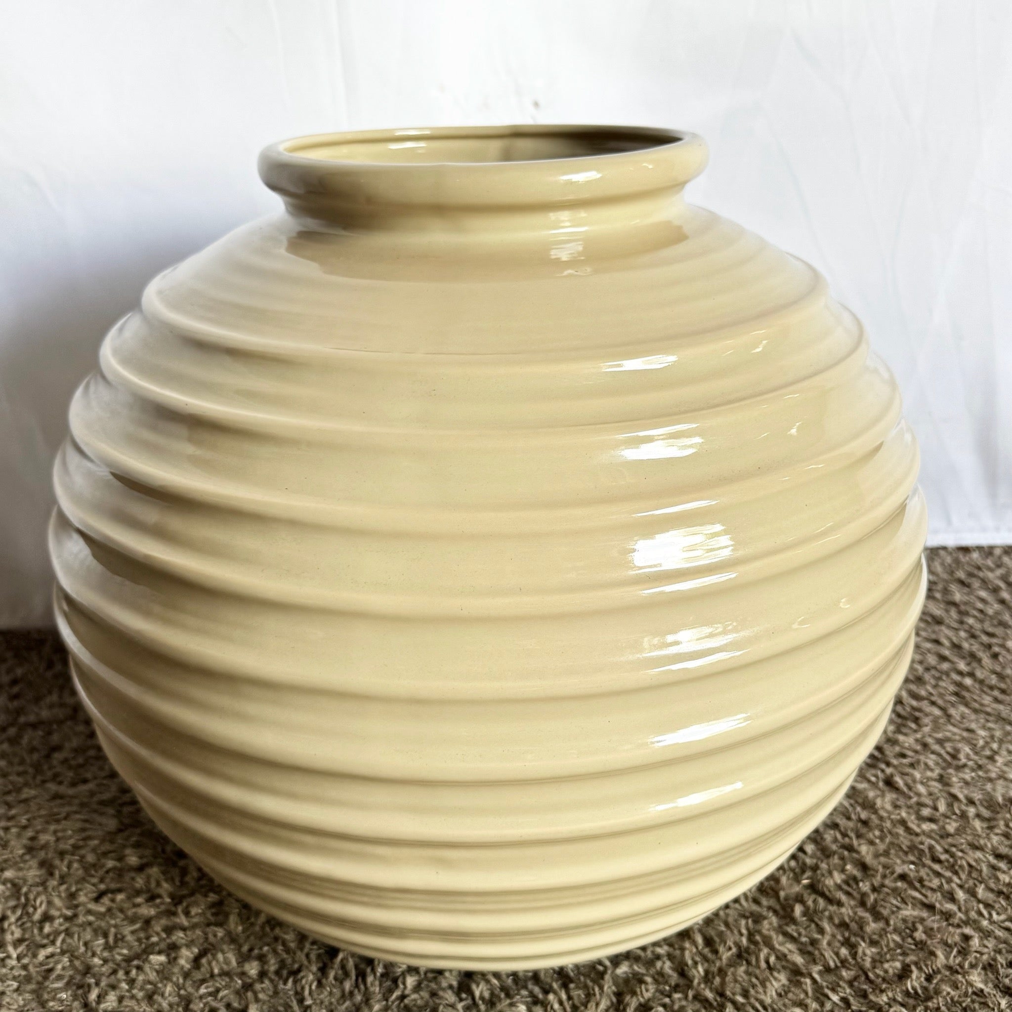Postmodern Tan Gloss Ceramic Ribbed Spherical Vase - Dolphin & Flamingo