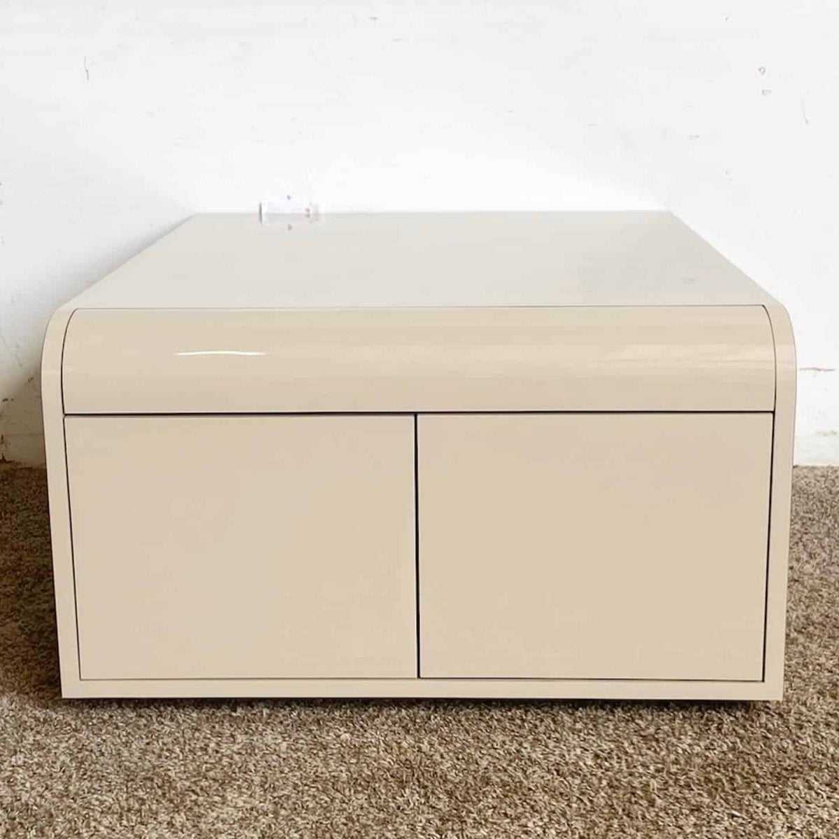 Postmodern Tan Lacquer Laminate Low Waterfall Table Cabinet - Dolphin & Flamingo