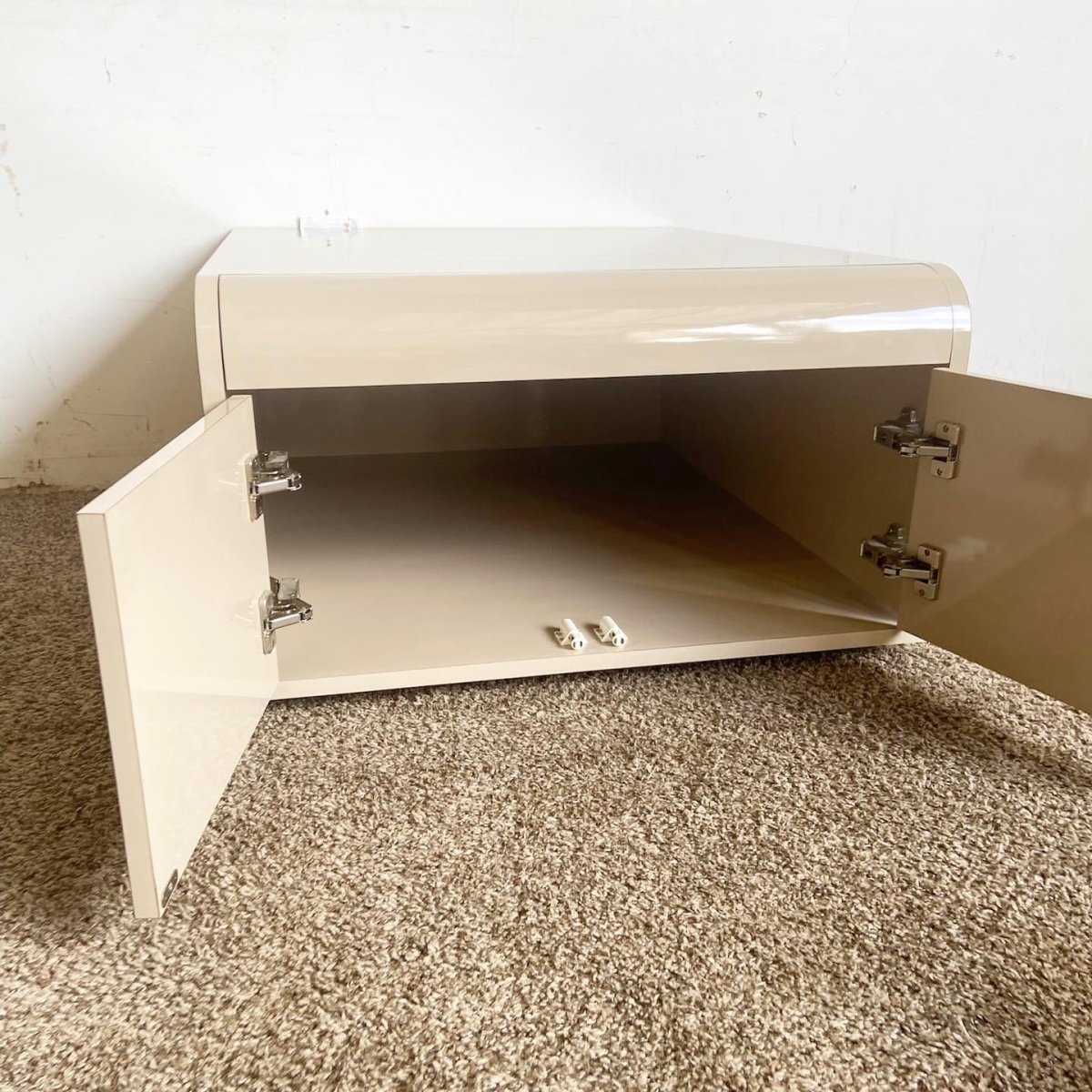 Postmodern Tan Lacquer Laminate Low Waterfall Table Cabinet - Dolphin & Flamingo