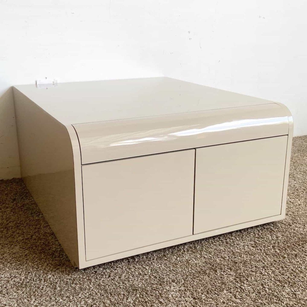 Postmodern Tan Lacquer Laminate Low Waterfall Table Cabinet - Dolphin & Flamingo