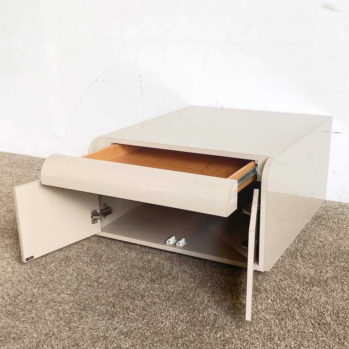 Postmodern Tan Lacquer Laminate Low Waterfall Table Cabinet - Dolphin & Flamingo
