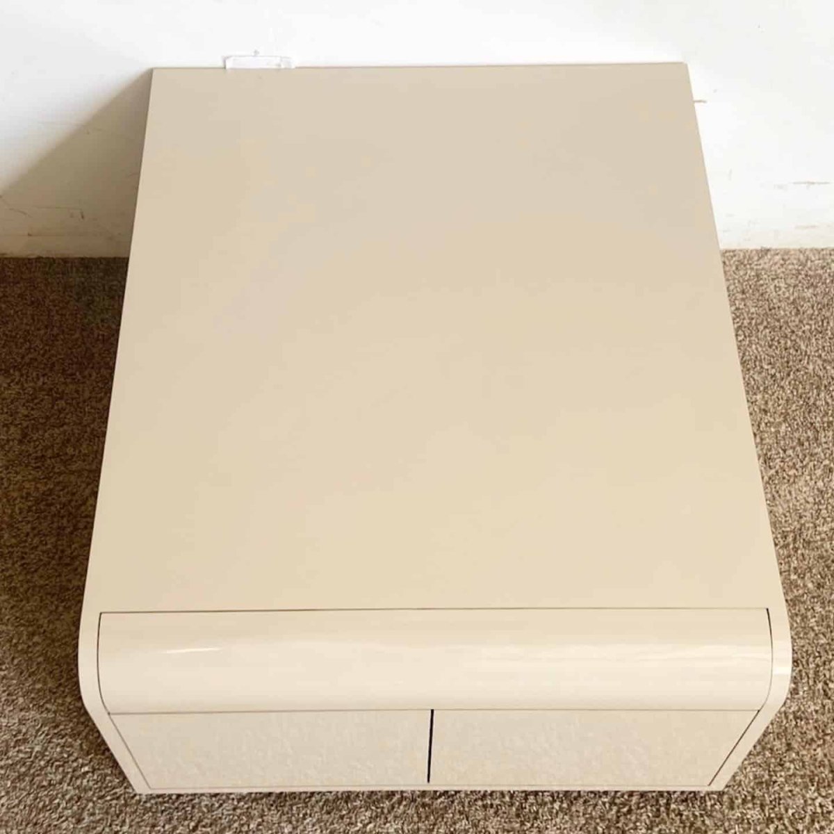 Postmodern Tan Lacquer Laminate Low Waterfall Table Cabinet - Dolphin & Flamingo