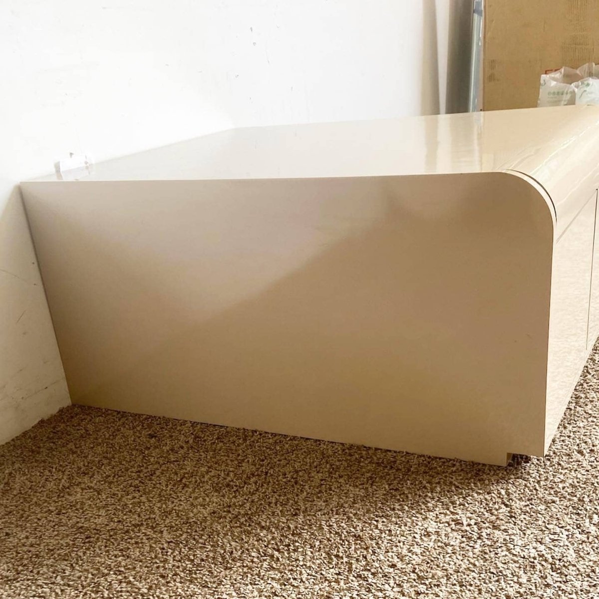 Postmodern Tan Lacquer Laminate Low Waterfall Table Cabinet - Dolphin & Flamingo