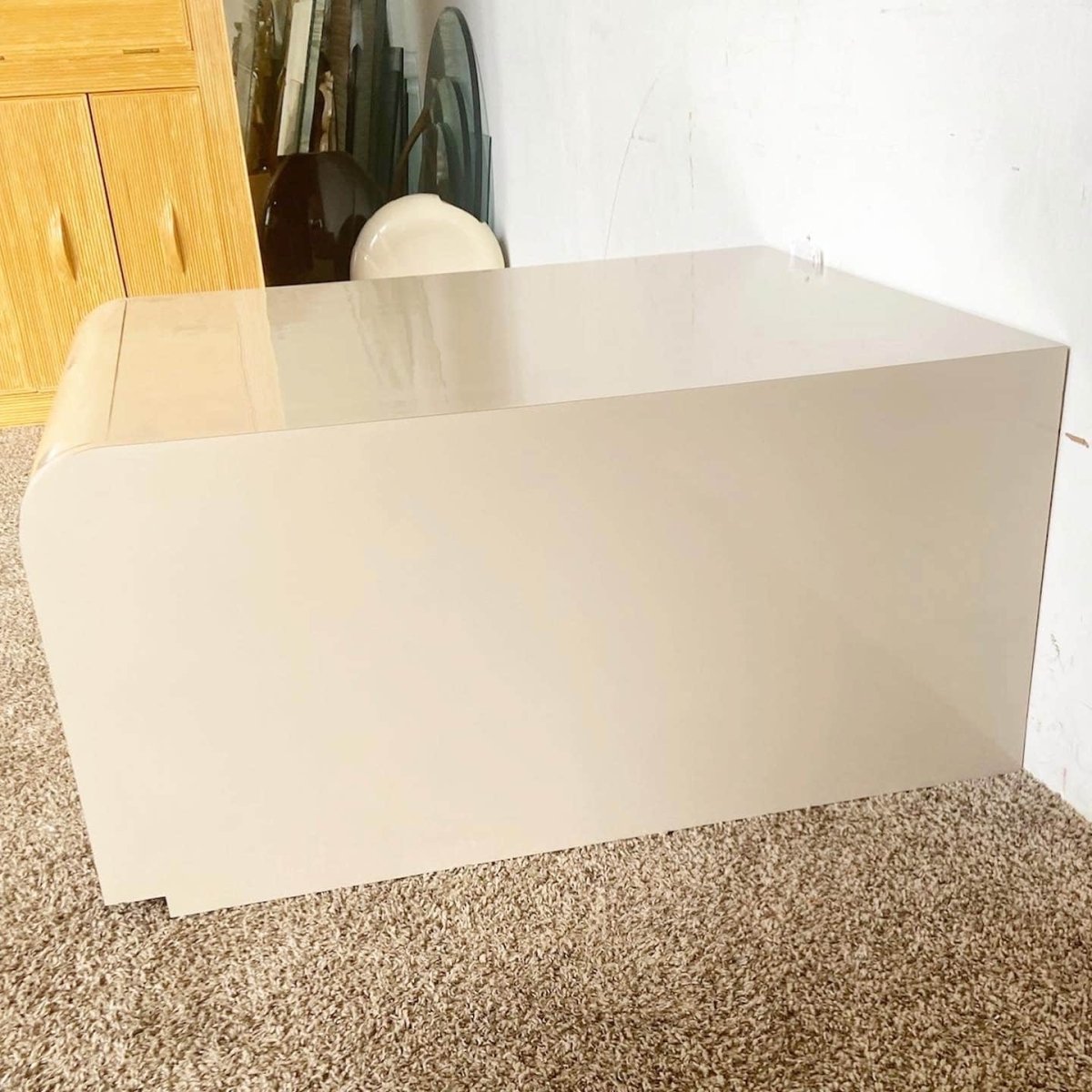 Postmodern Tan Lacquer Laminate Low Waterfall Table Cabinet - Dolphin & Flamingo