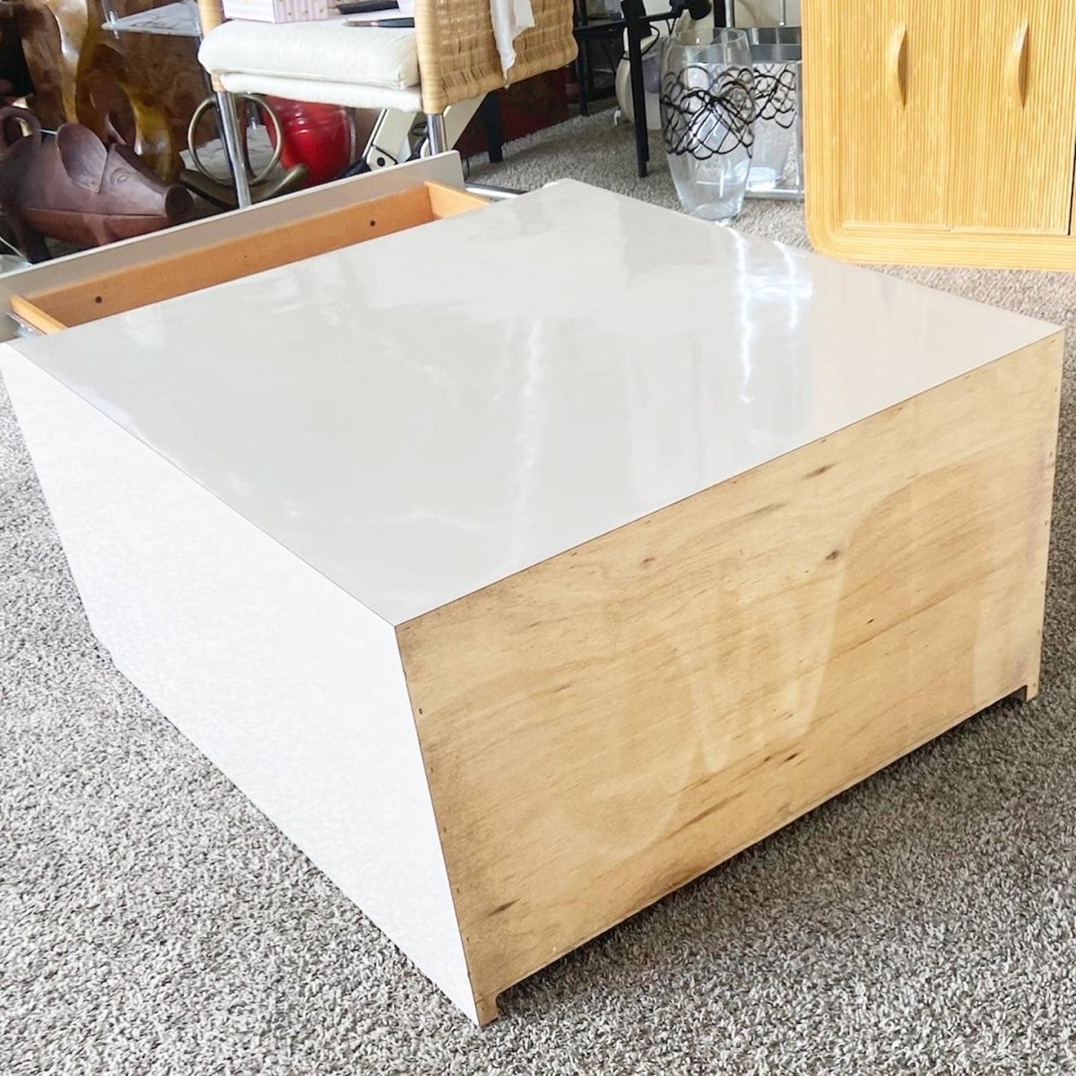 Postmodern Tan Lacquer Laminate Low Waterfall Table Cabinet - Dolphin & Flamingo