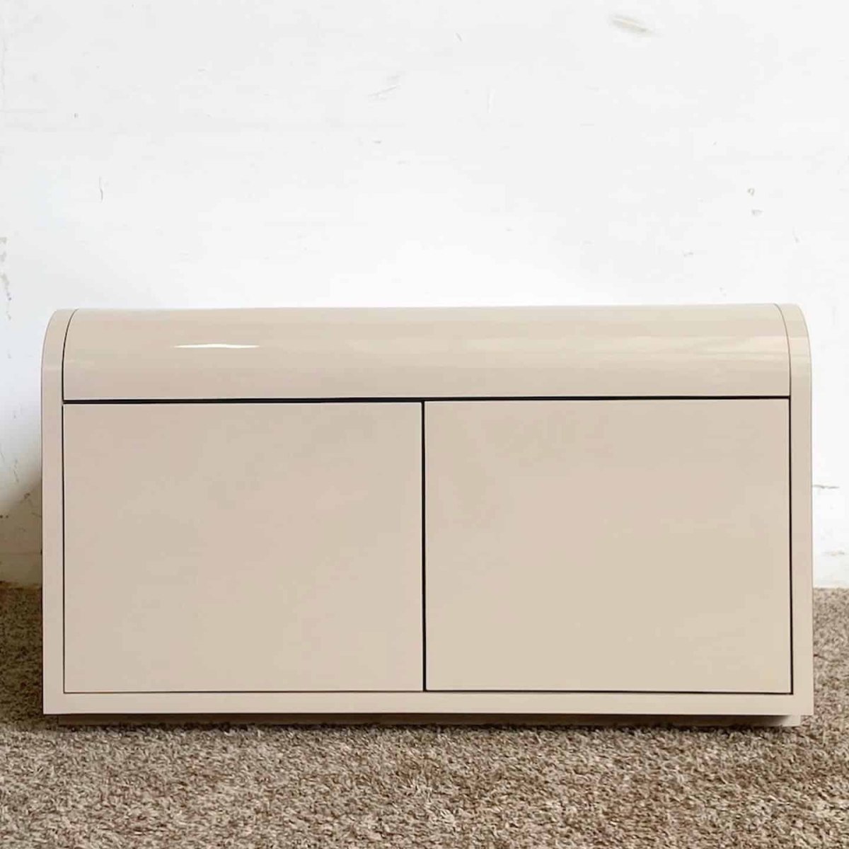 Postmodern Tan Lacquer Laminate Low Waterfall Table Cabinet - Dolphin & Flamingo