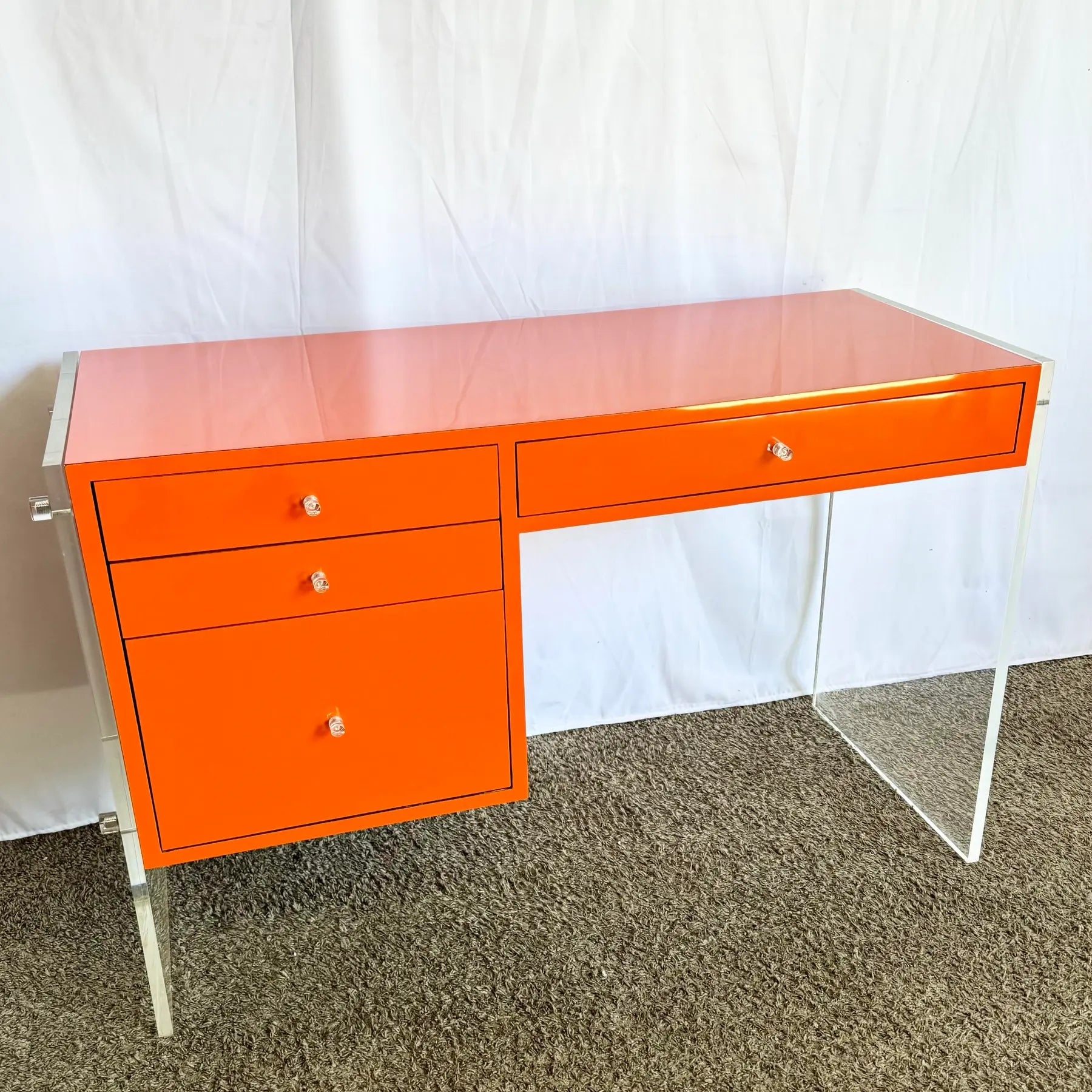 Postmodern Tangerine/Orange Laminate and Lucite Writing Desk - Dolphin & Flamingo