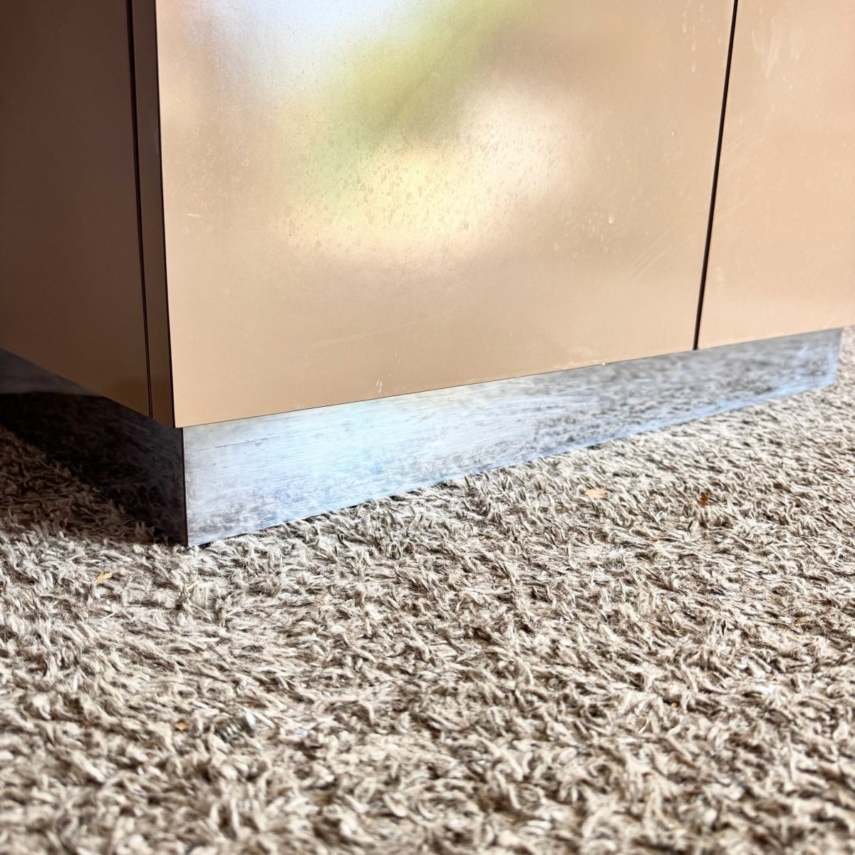 Postmodern Taupe Brown Lacquer Laminate Credenza With Chrome Base - Dolphin & Flamingo