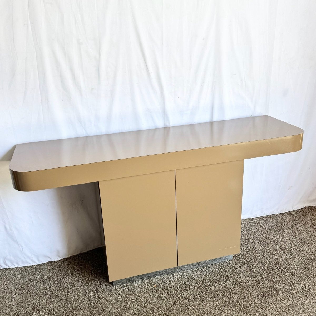 Postmodern Taupe Brown Lacquer Laminate Credenza With Chrome Base - Dolphin & Flamingo