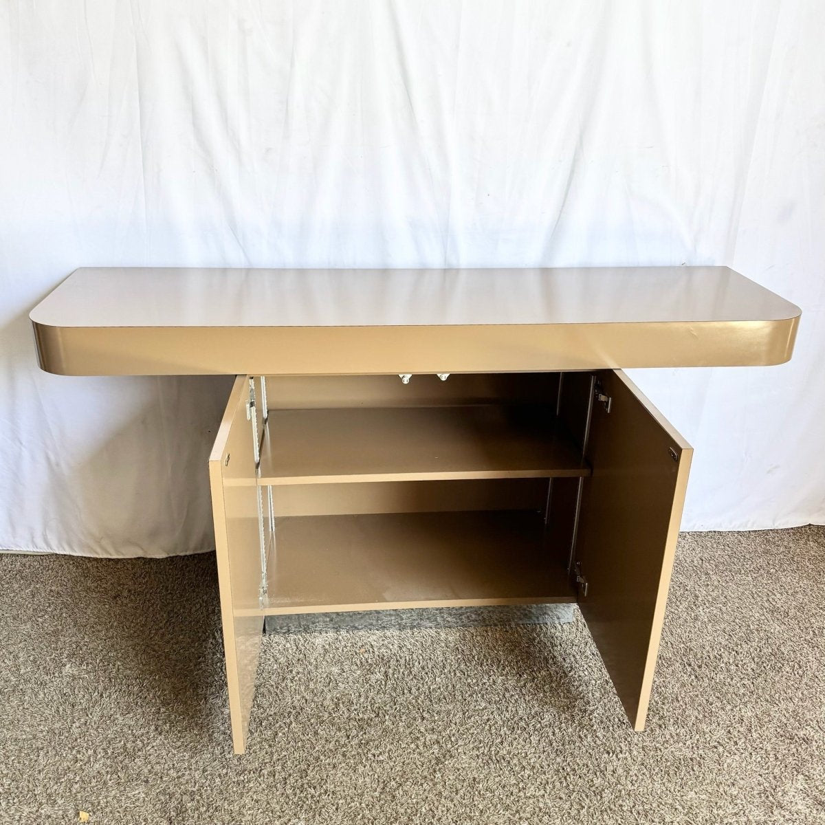 Postmodern Taupe Brown Lacquer Laminate Credenza With Chrome Base - Dolphin & Flamingo