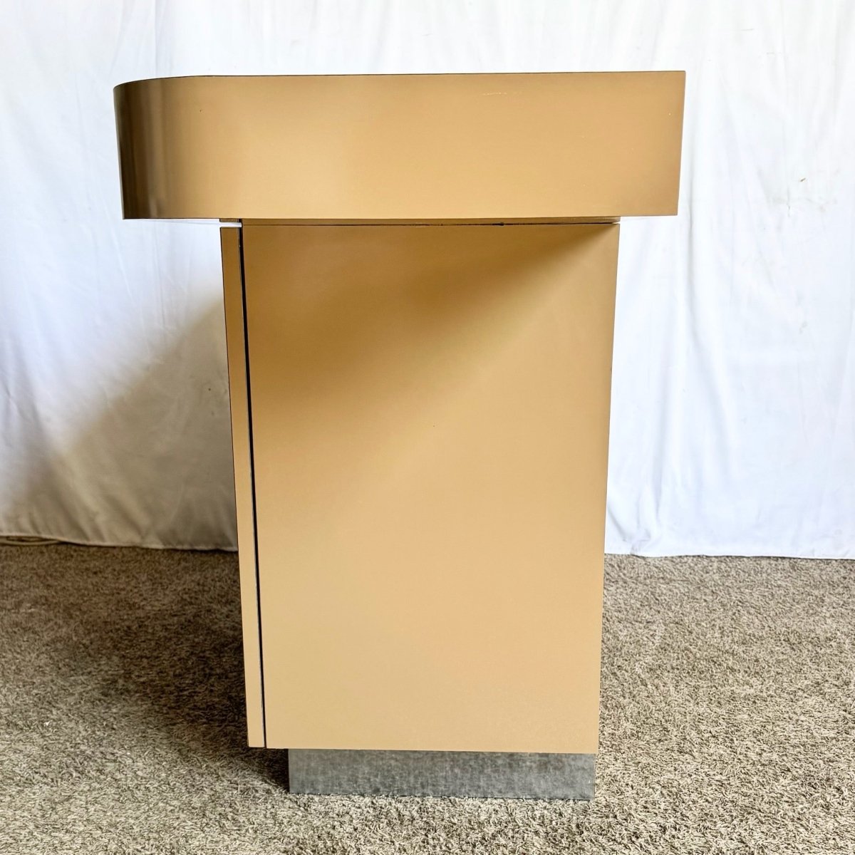 Postmodern Taupe Brown Lacquer Laminate Credenza With Chrome Base - Dolphin & Flamingo