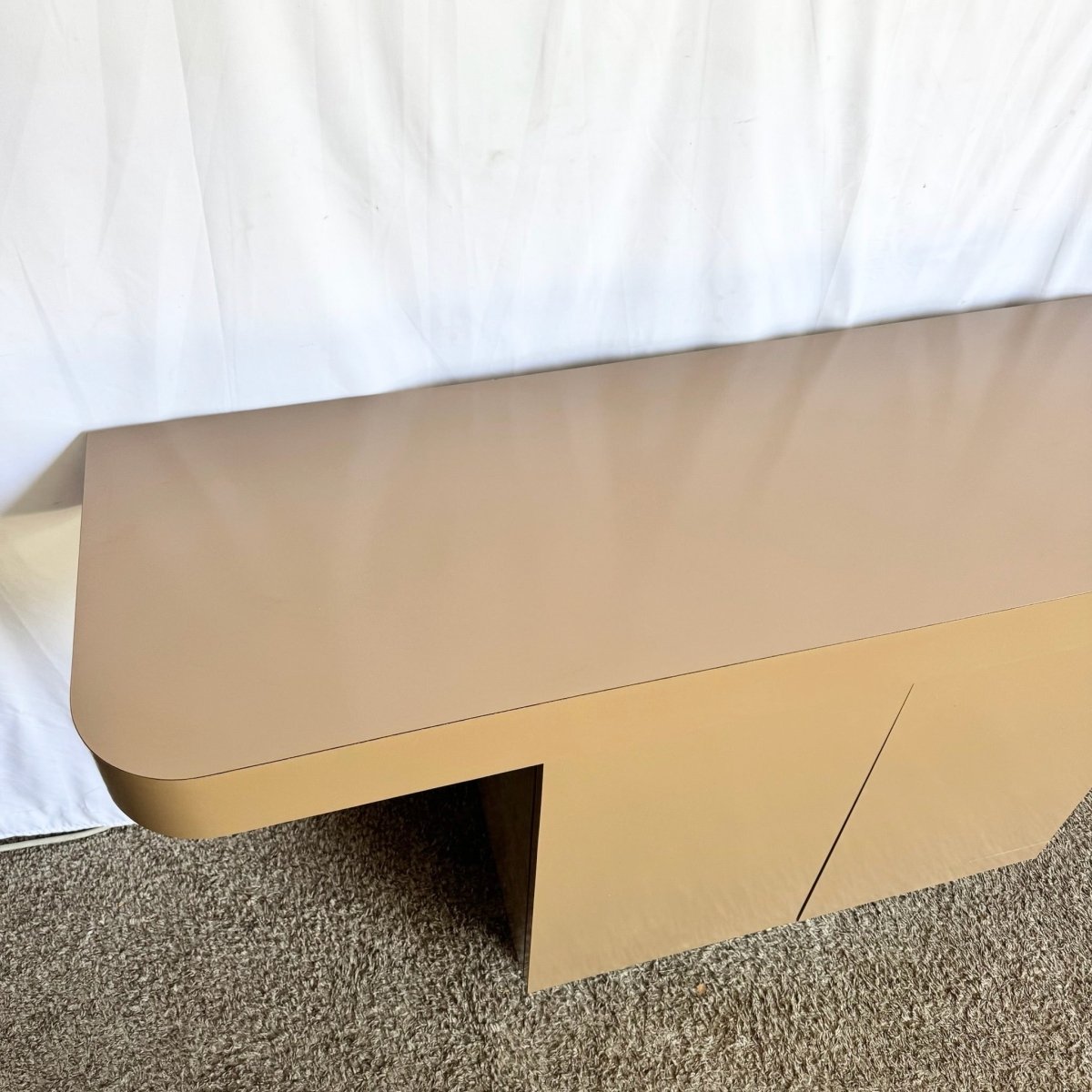 Postmodern Taupe Brown Lacquer Laminate Credenza With Chrome Base - Dolphin & Flamingo
