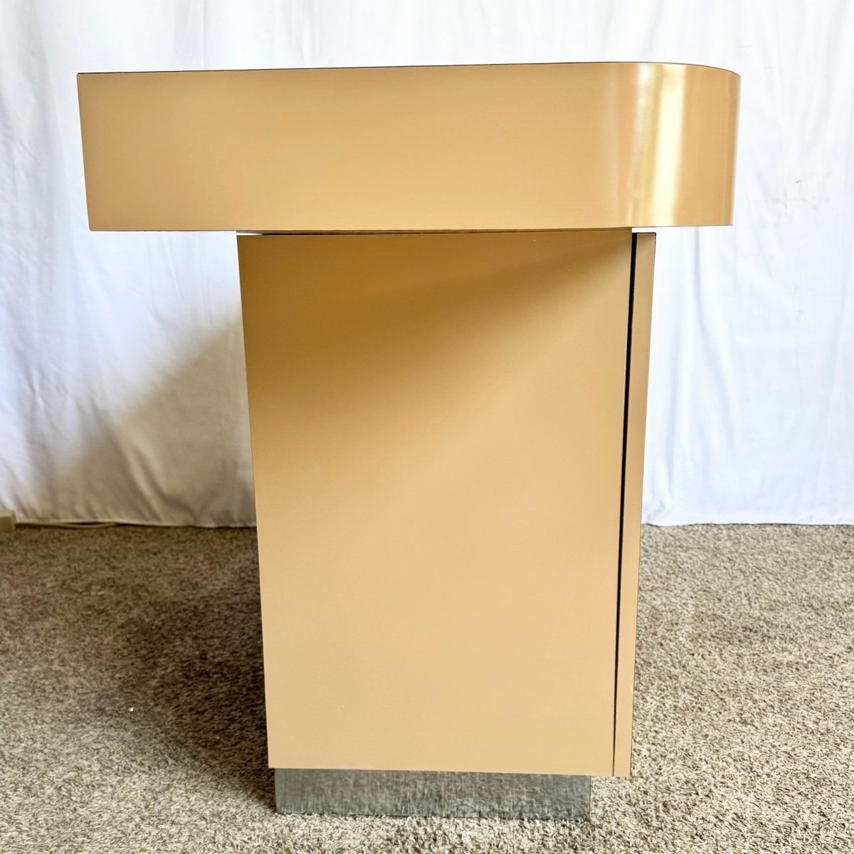 Postmodern Taupe Brown Lacquer Laminate Credenza With Chrome Base - Dolphin & Flamingo