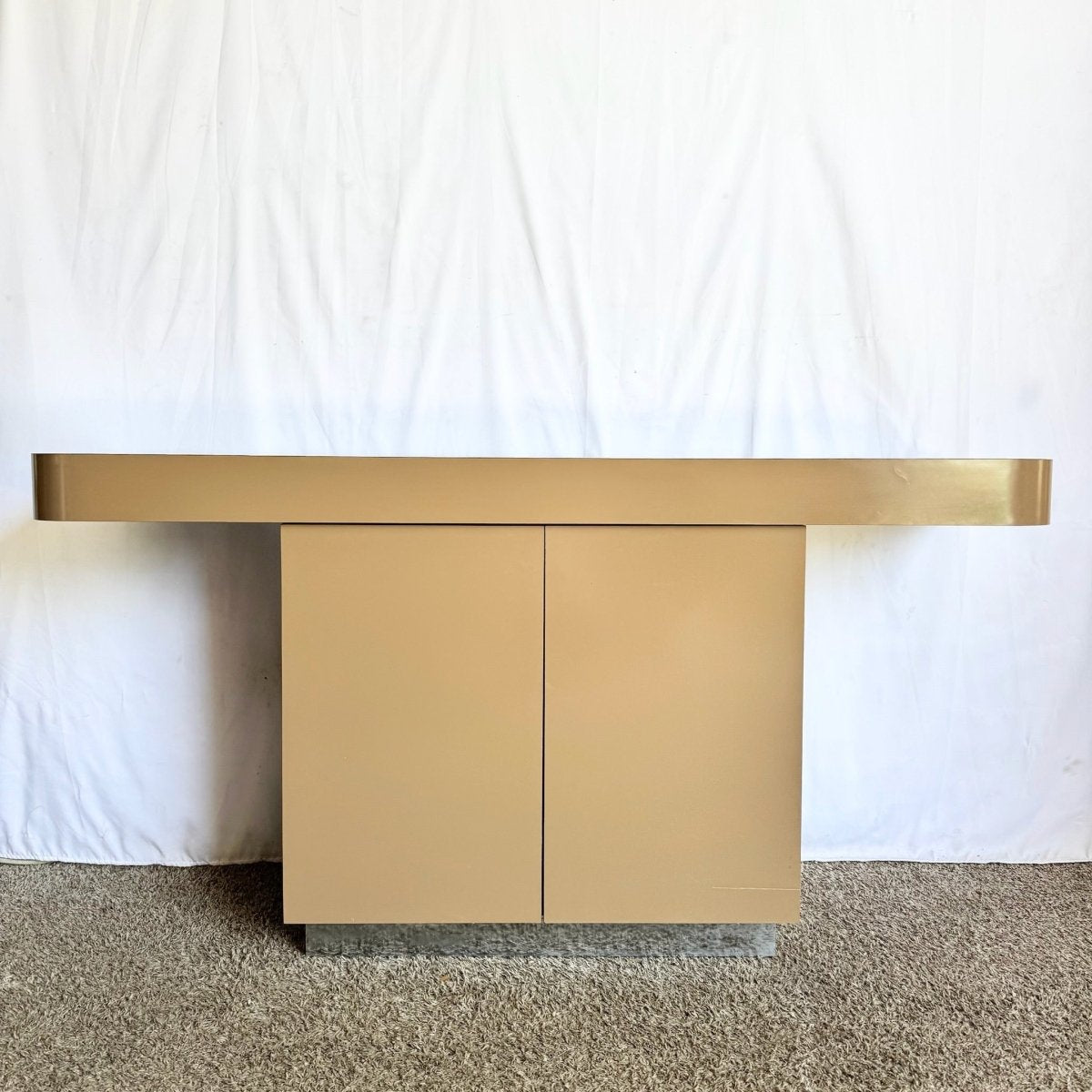 Postmodern Taupe Brown Lacquer Laminate Credenza With Chrome Base - Dolphin & Flamingo