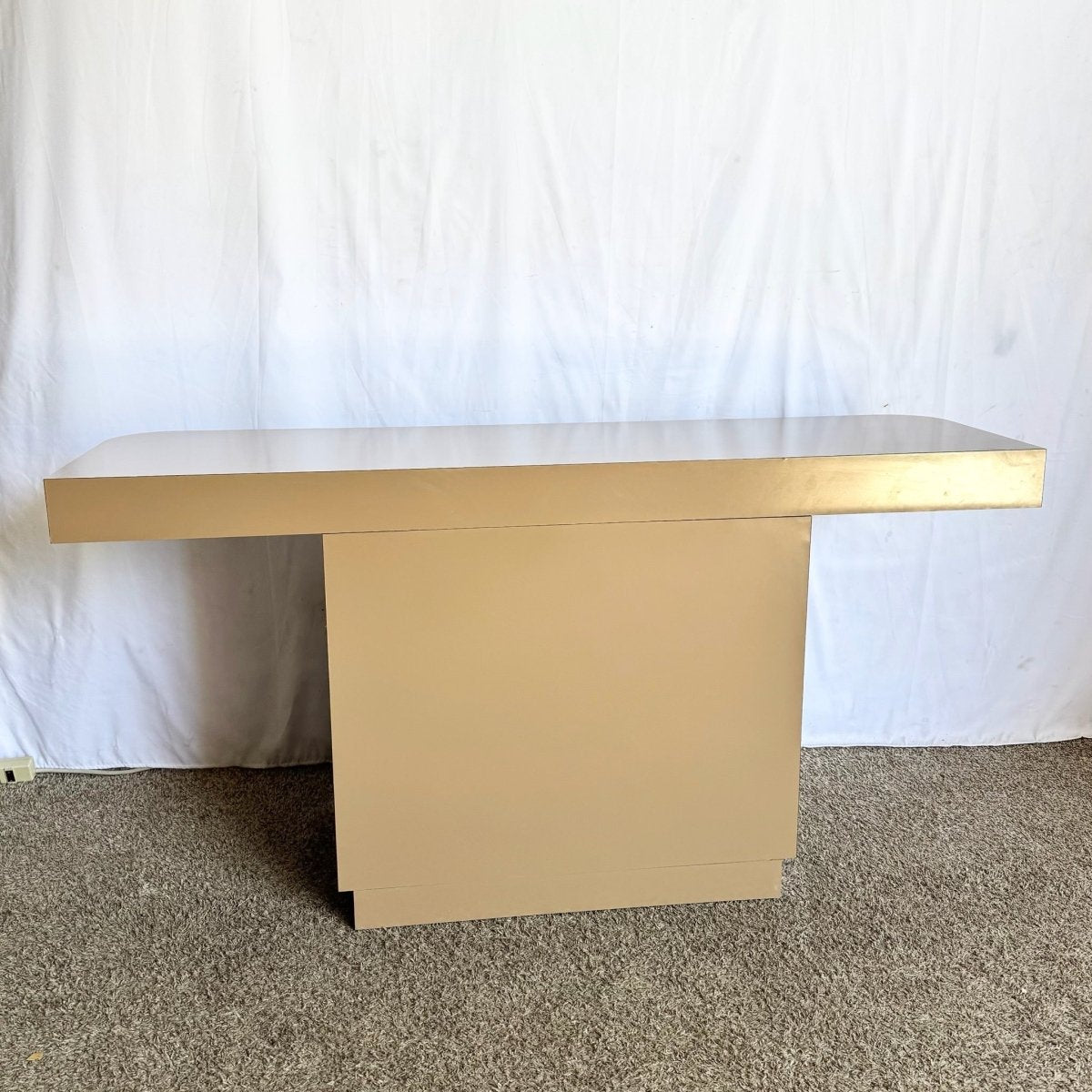 Postmodern Taupe Brown Lacquer Laminate Credenza With Chrome Base - Dolphin & Flamingo