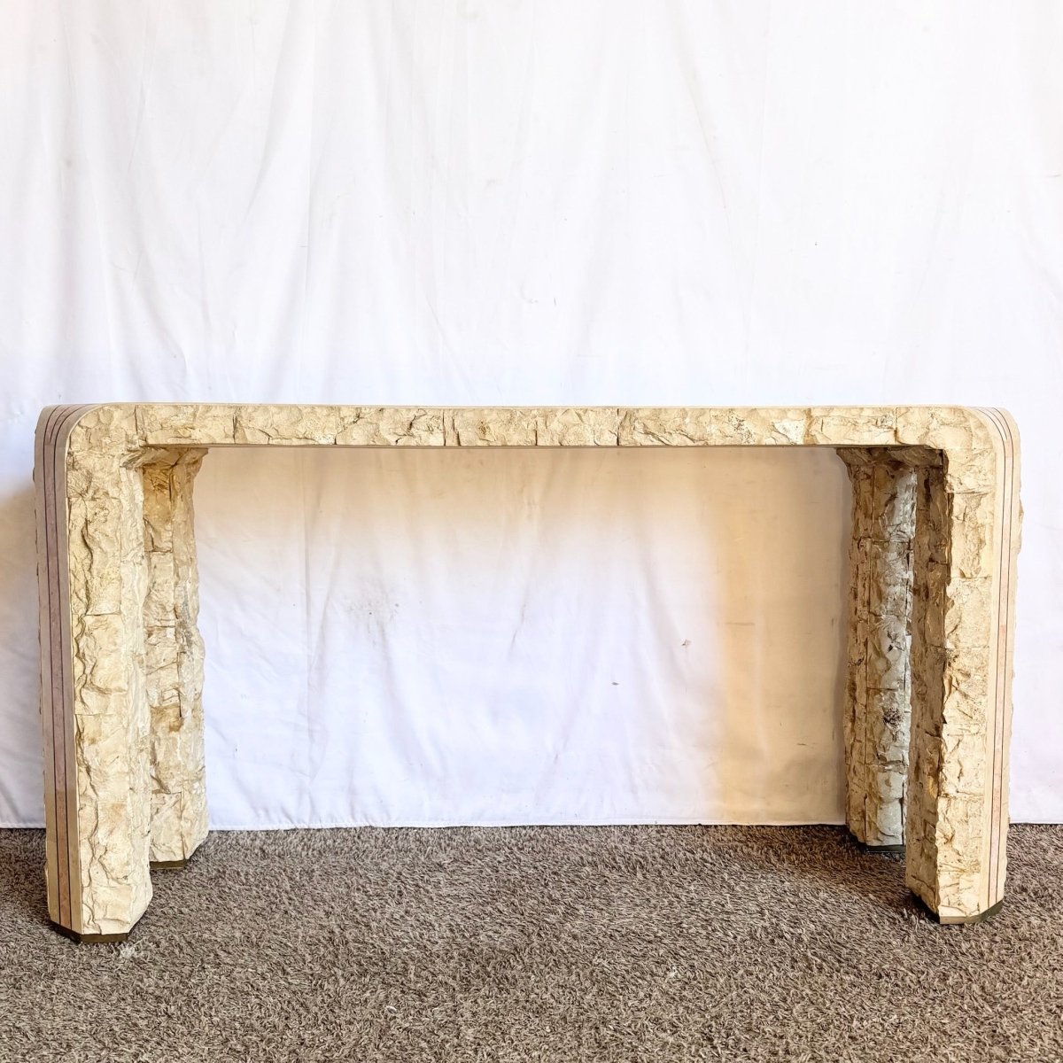 Postmodern Tessellated Beige and Pink Stone Console Table With Brass Inlay - Dolphin & Flamingo