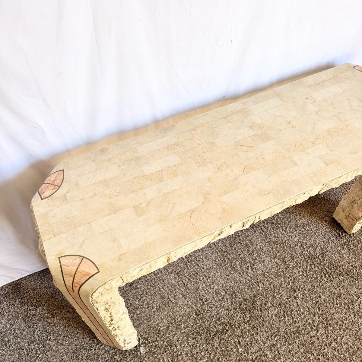 Postmodern Tessellated Beige and Pink Stone Console Table With Brass Inlay - Dolphin & Flamingo