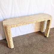 Postmodern Tessellated Beige and Pink Stone Console Table With Brass Inlay - Dolphin & Flamingo