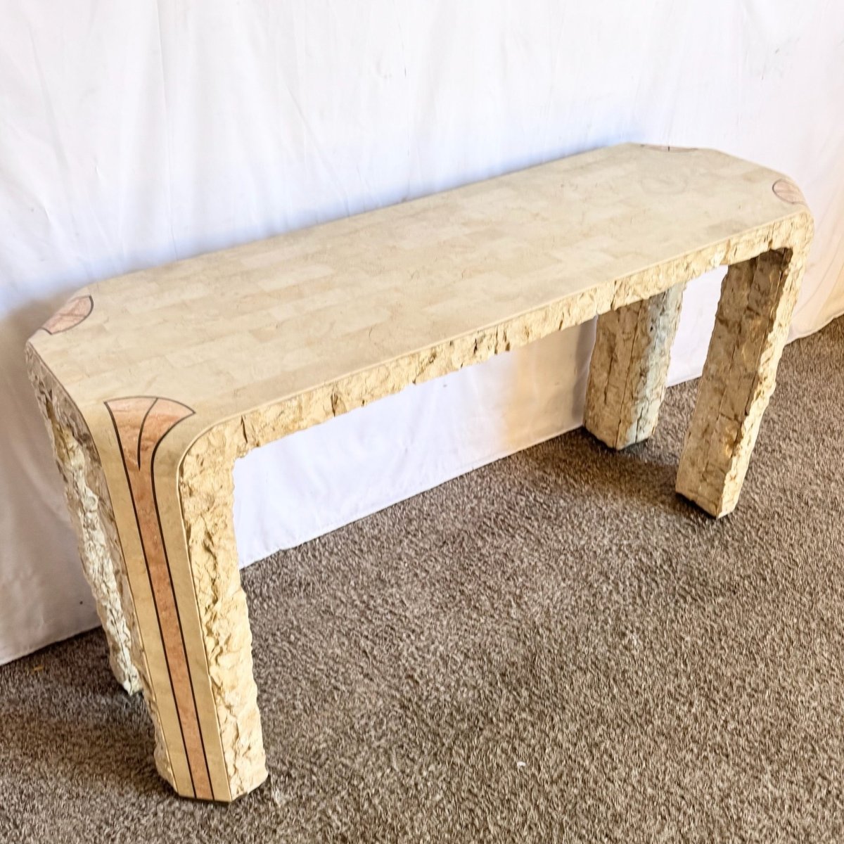 Postmodern Tessellated Beige and Pink Stone Console Table With Brass Inlay - Dolphin & Flamingo