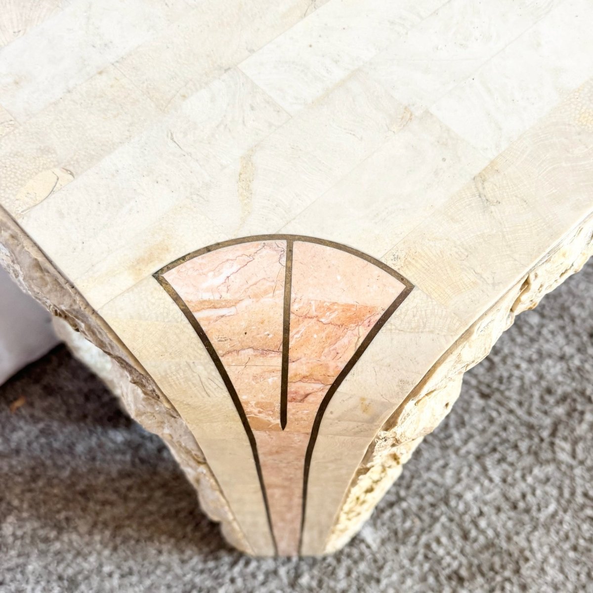 Postmodern Tessellated Beige and Pink Stone Console Table With Brass Inlay - Dolphin & Flamingo