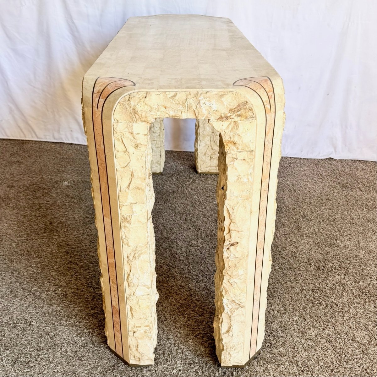 Postmodern Tessellated Beige and Pink Stone Console Table With Brass Inlay - Dolphin & Flamingo