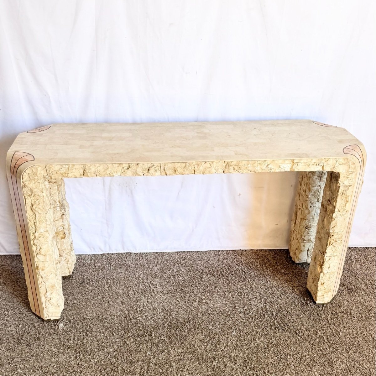 Postmodern Tessellated Beige and Pink Stone Console Table With Brass Inlay - Dolphin & Flamingo