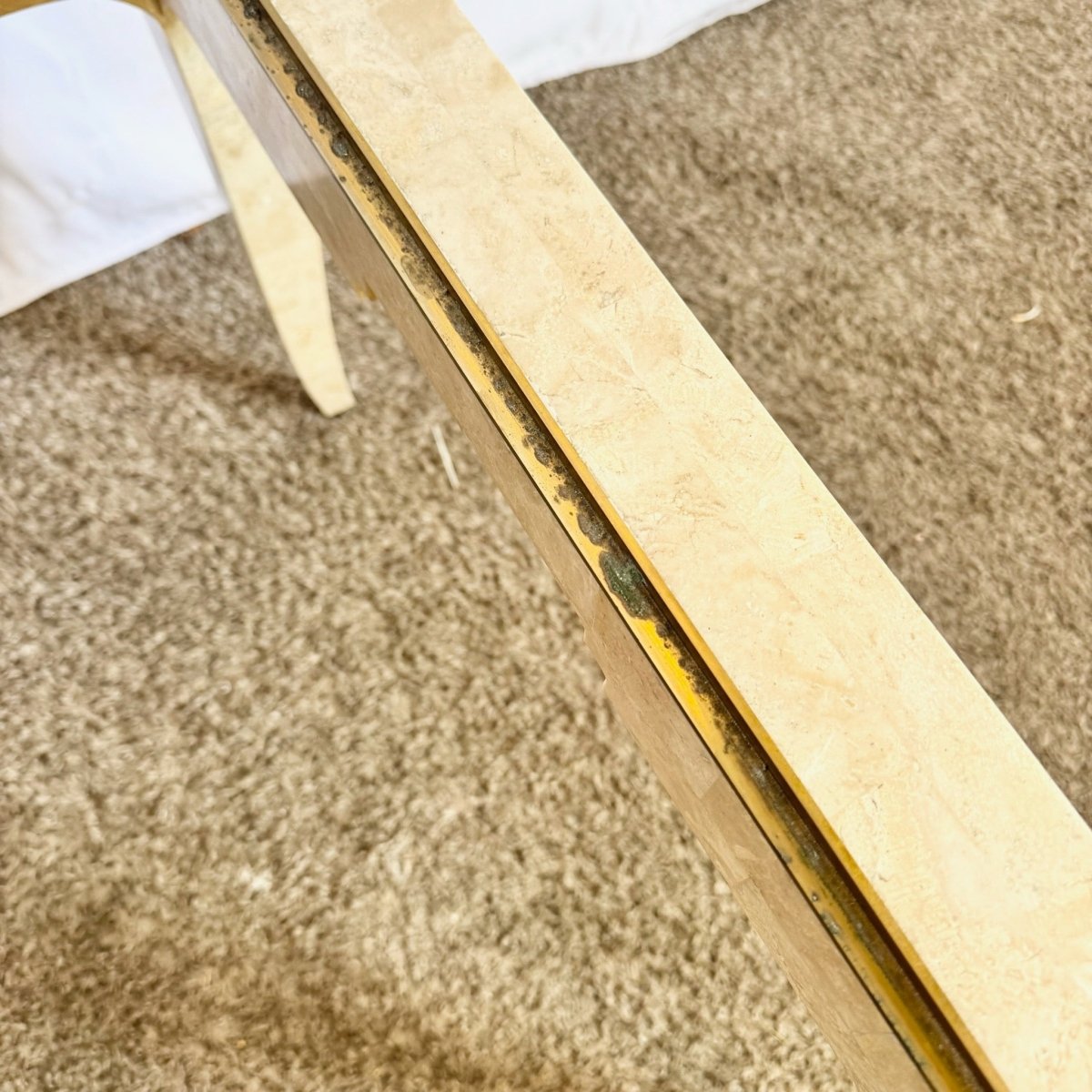 Postmodern Tessellated Stone and Brass Glass Top Side Table - Dolphin & Flamingo