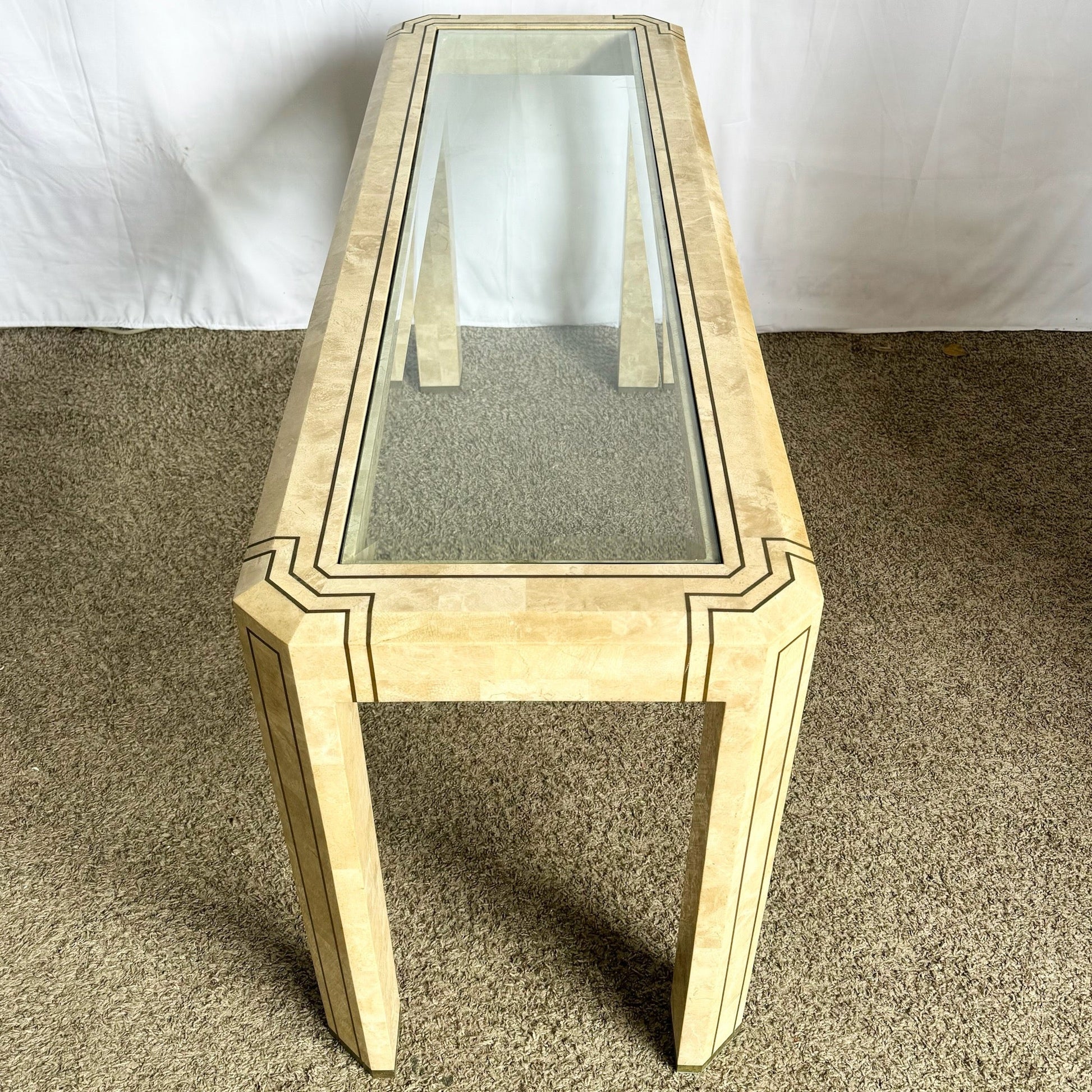 Postmodern Tessellated Stone Console Table With Brass and Glass Inlay - Dolphin & Flamingo