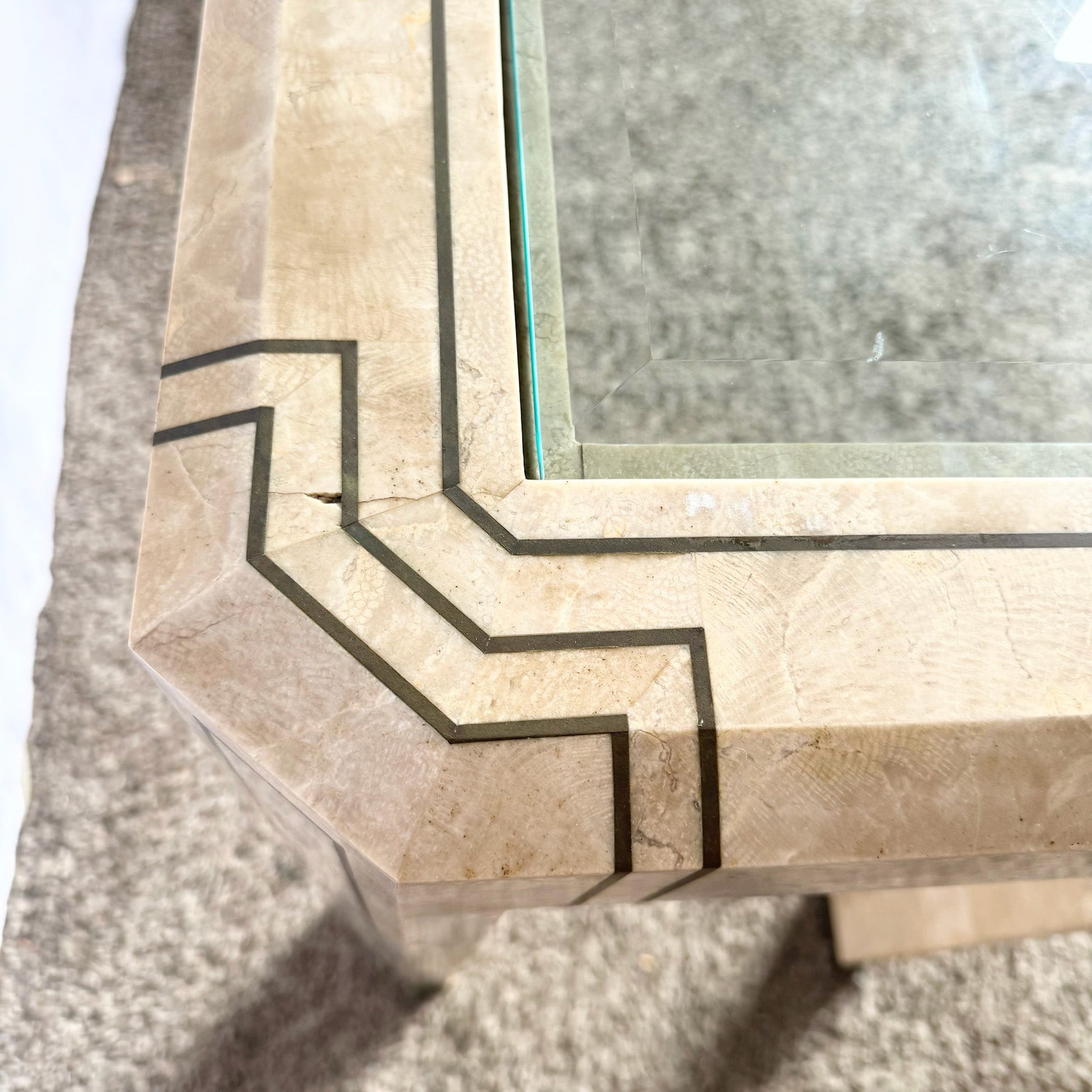 Postmodern Tessellated Stone Console Table With Brass and Glass Inlay - Dolphin & Flamingo