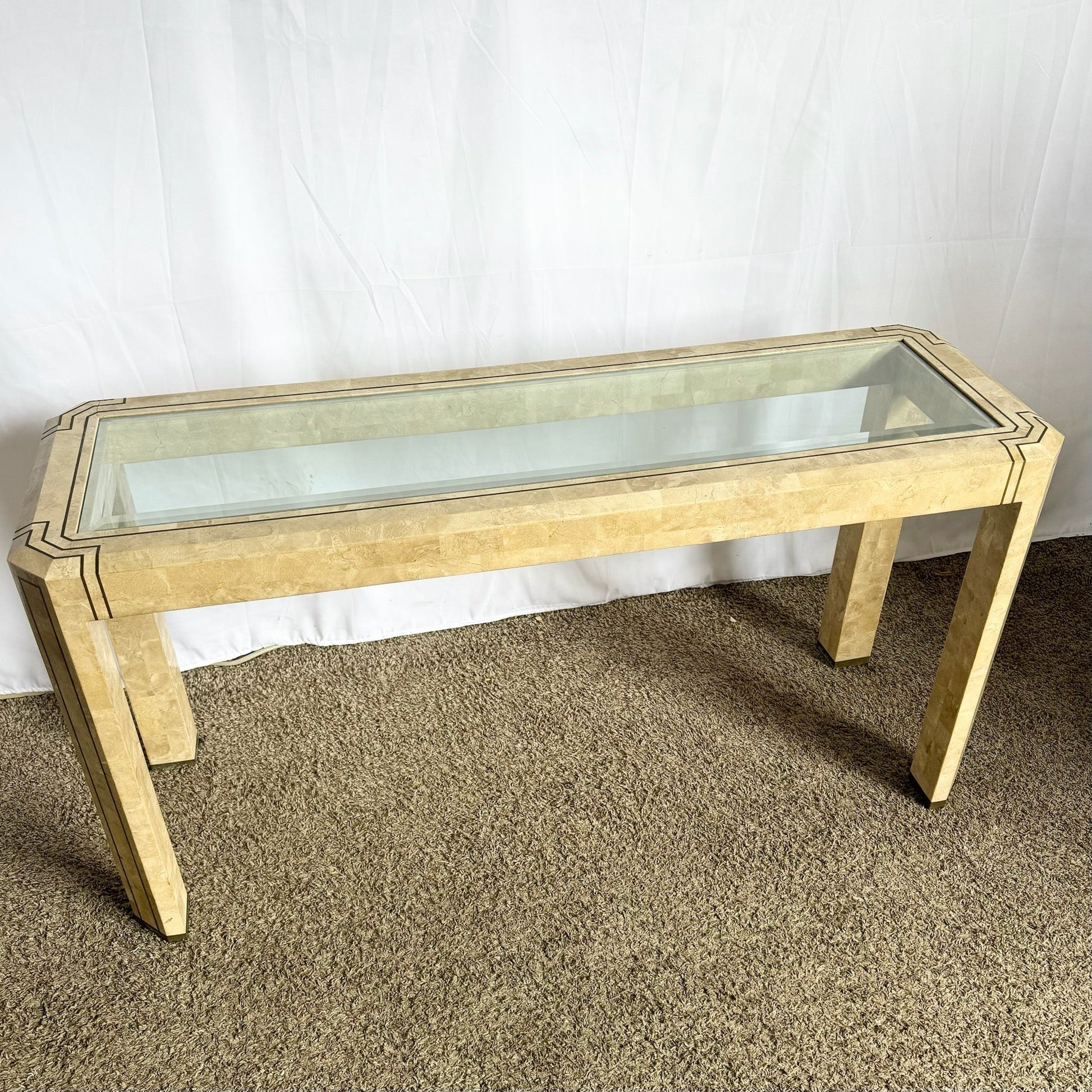 Postmodern Tessellated Stone Console Table With Brass and Glass Inlay - Dolphin & Flamingo