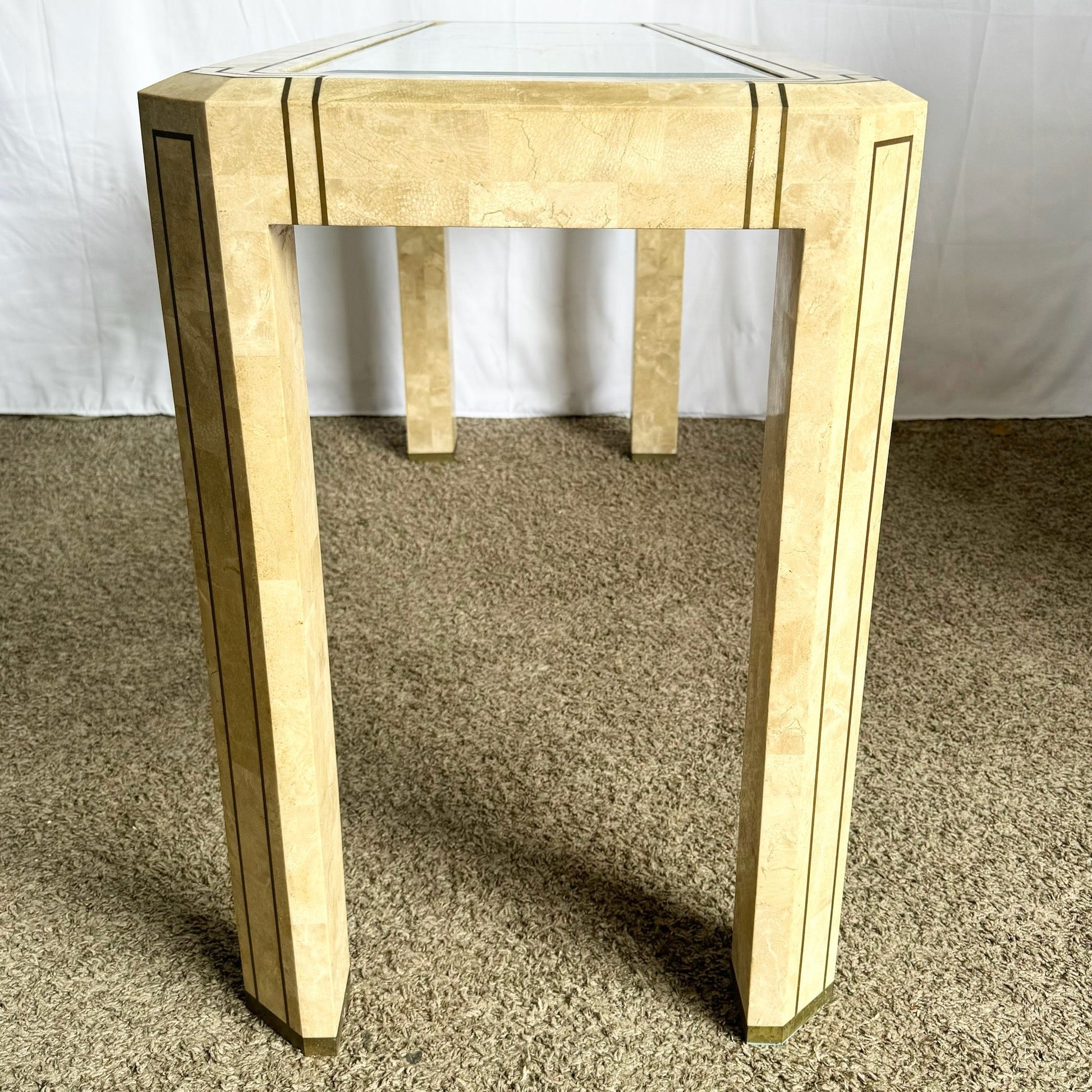 Postmodern Tessellated Stone Console Table With Brass and Glass Inlay - Dolphin & Flamingo