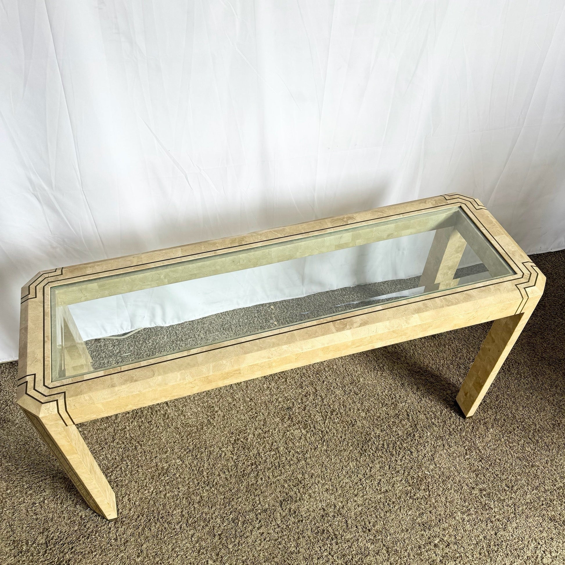 Postmodern Tessellated Stone Console Table With Brass and Glass Inlay - Dolphin & Flamingo