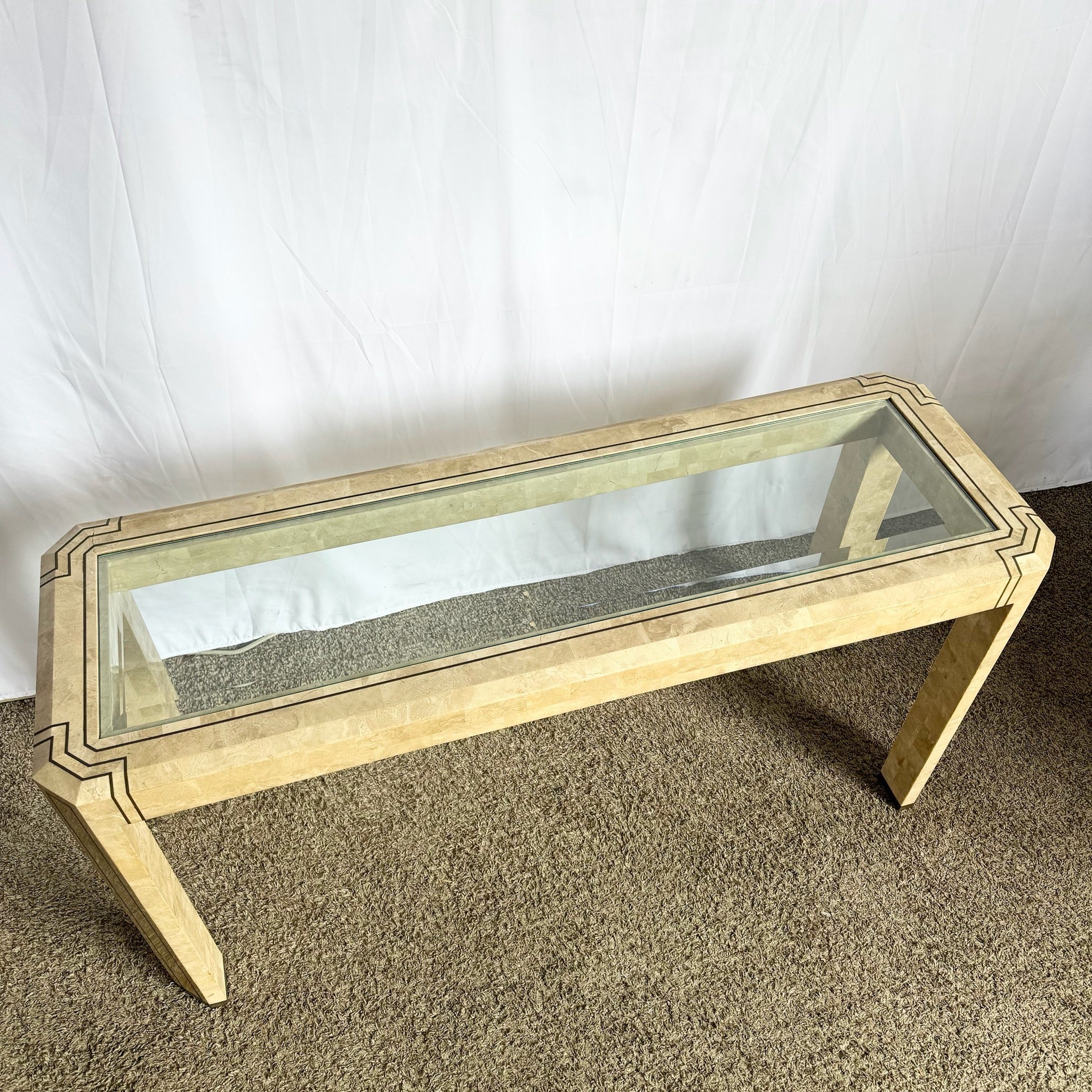 Postmodern Tessellated Stone Console Table With Brass and Glass Inlay - Dolphin & Flamingo