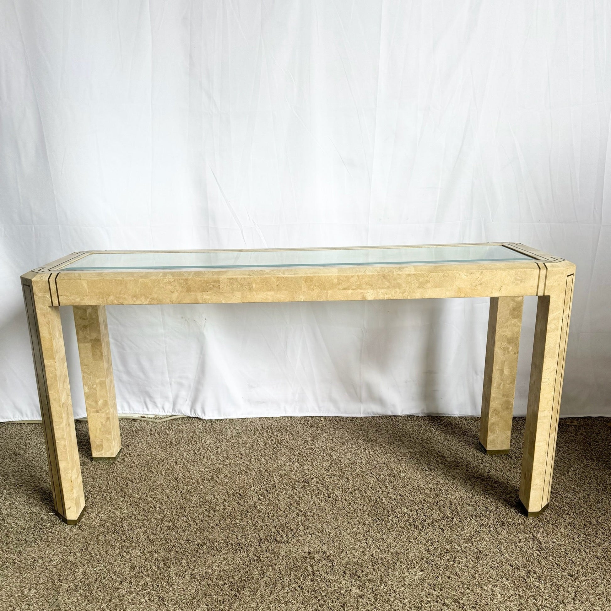 Postmodern Tessellated Stone Console Table With Brass and Glass Inlay - Dolphin & Flamingo