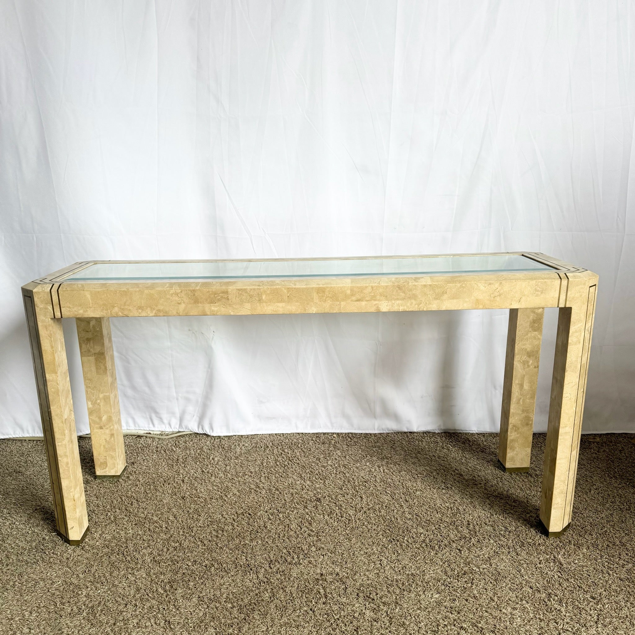 Postmodern Tessellated Stone Console Table With Brass and Glass Inlay - Dolphin & Flamingo