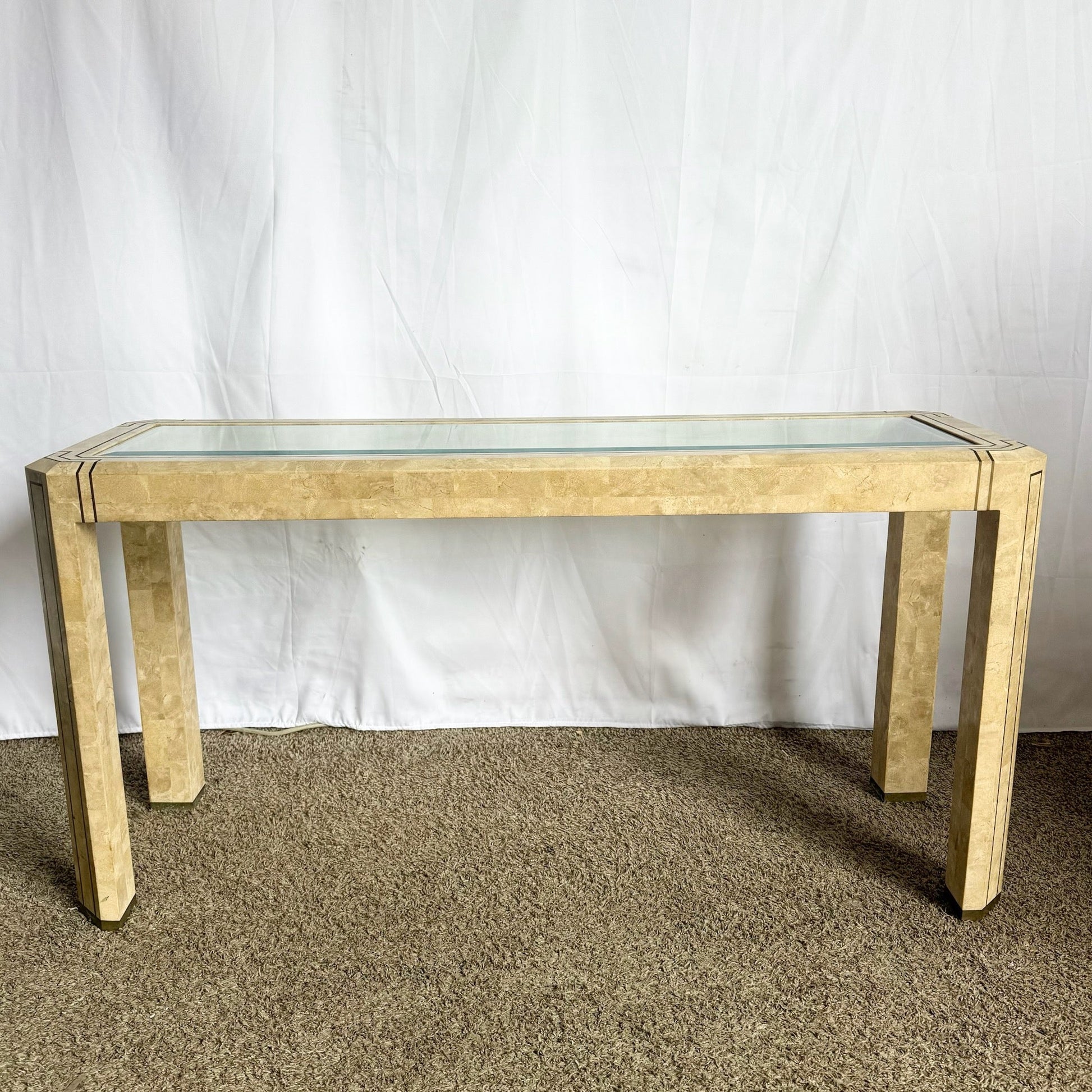 Postmodern Tessellated Stone Console Table With Brass and Glass Inlay - Dolphin & Flamingo